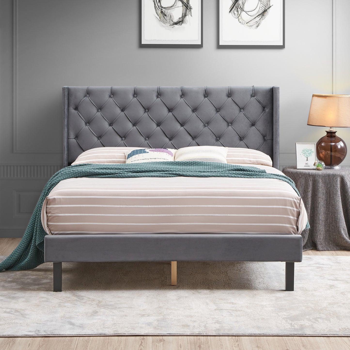 Odessa Velvet Button Tufted Queen Upholstered Bed in Grey Fabric