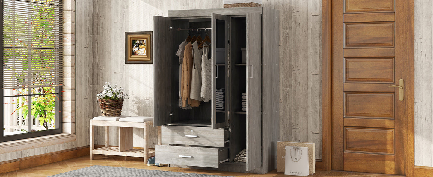 3-Door Mirror Wardrobe with (2) Drawers in Gray