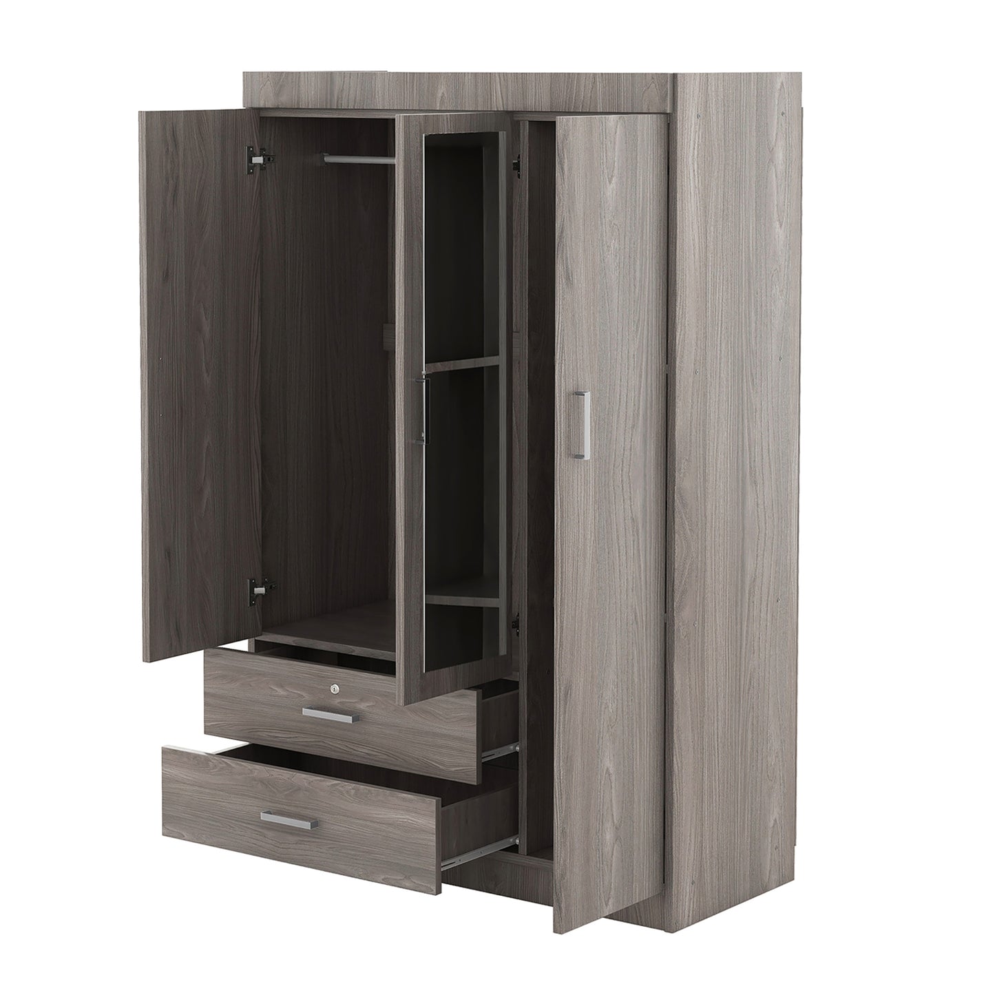 3-Door Mirror Wardrobe with (2) Drawers in Gray