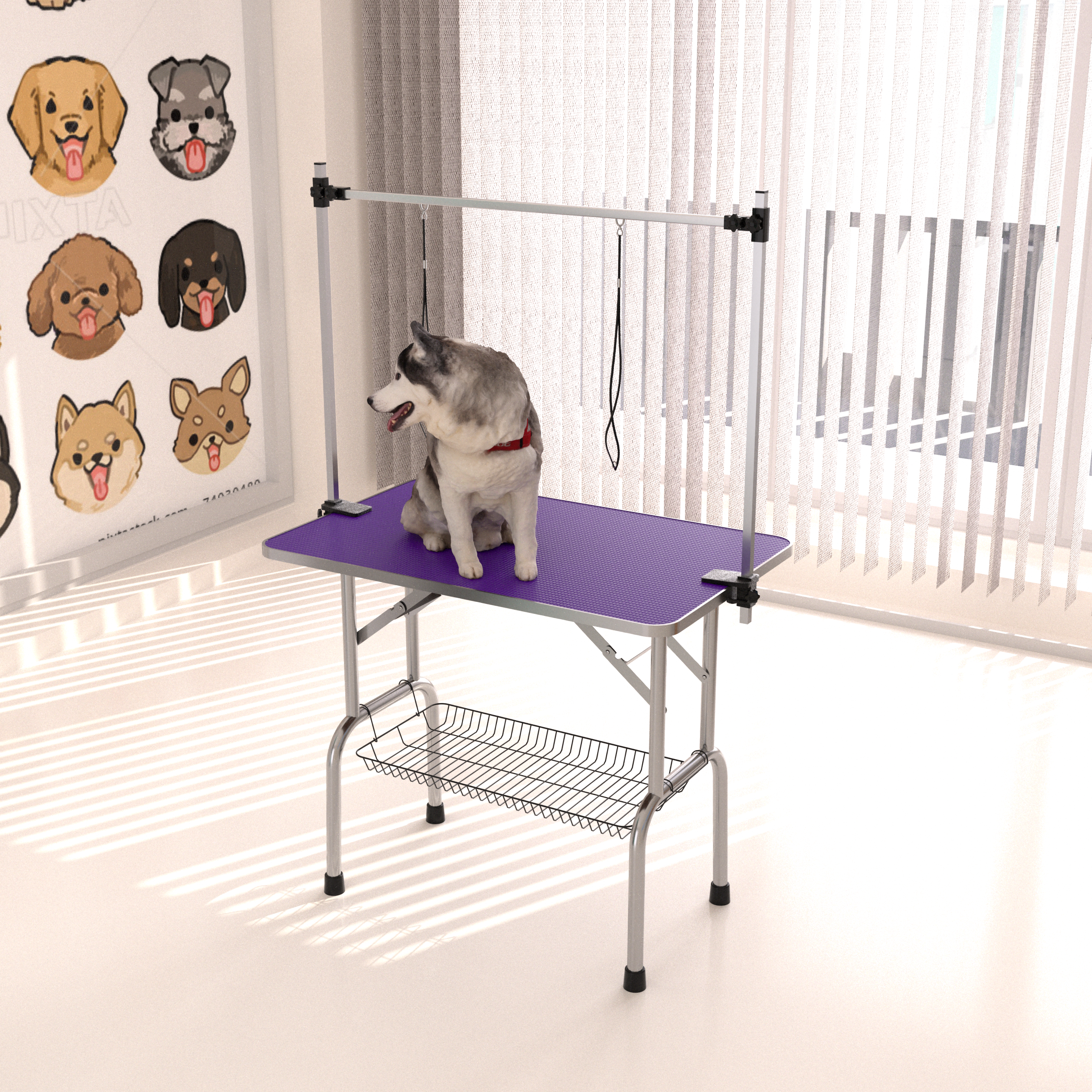 GroomPro 36' Folding Dog & Cat Grooming Table with Adjustable Arm, Purple