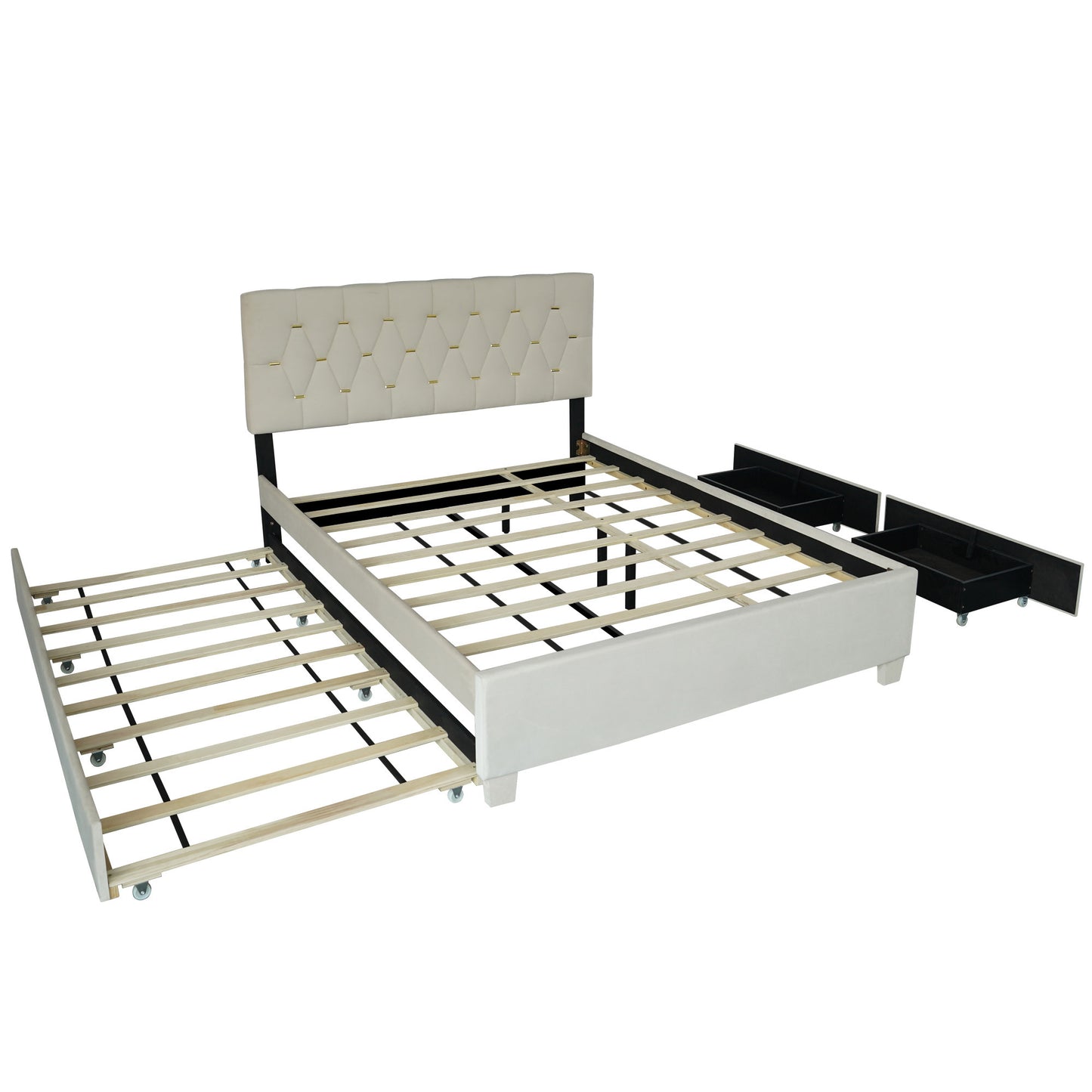 Gina Queen Bed w/ Pullout Trundle and Storage in Beige