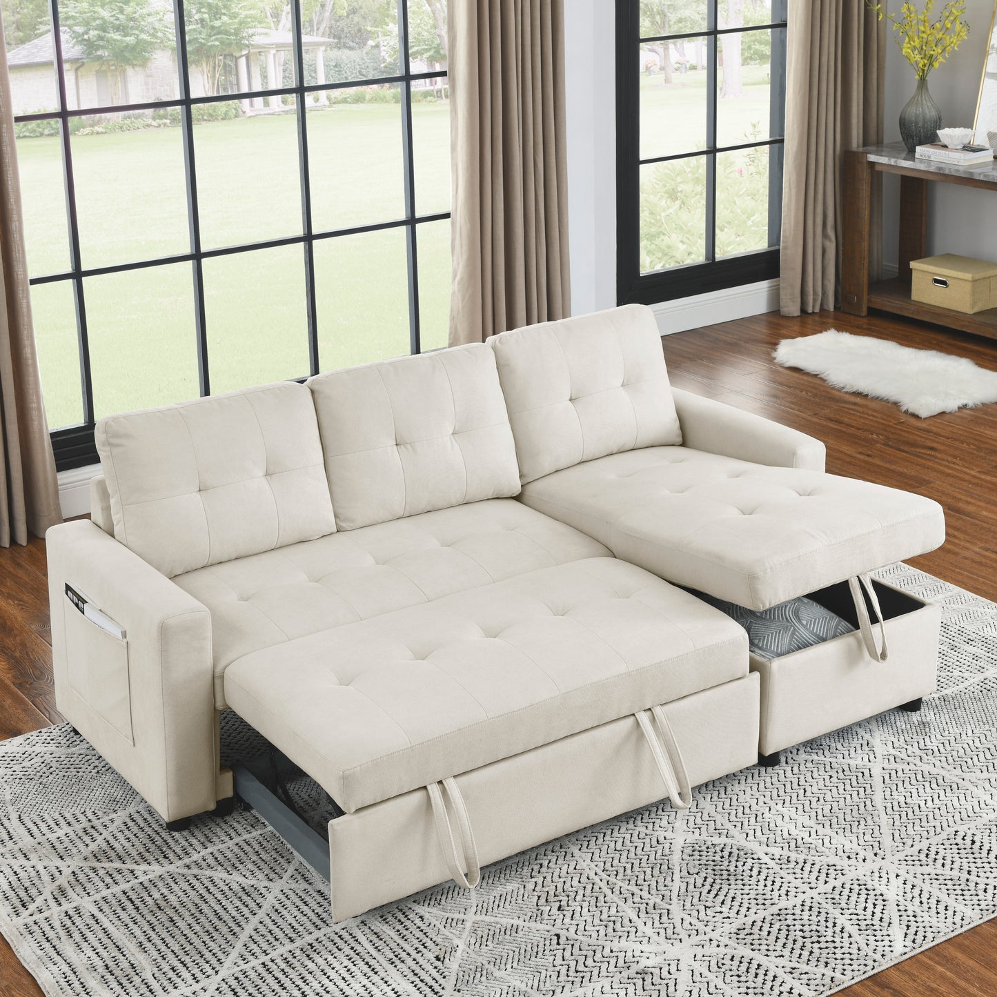 Monsoon Beige Sleeper Sofa Bed Reversible Sectional Couch with Storage Chaise