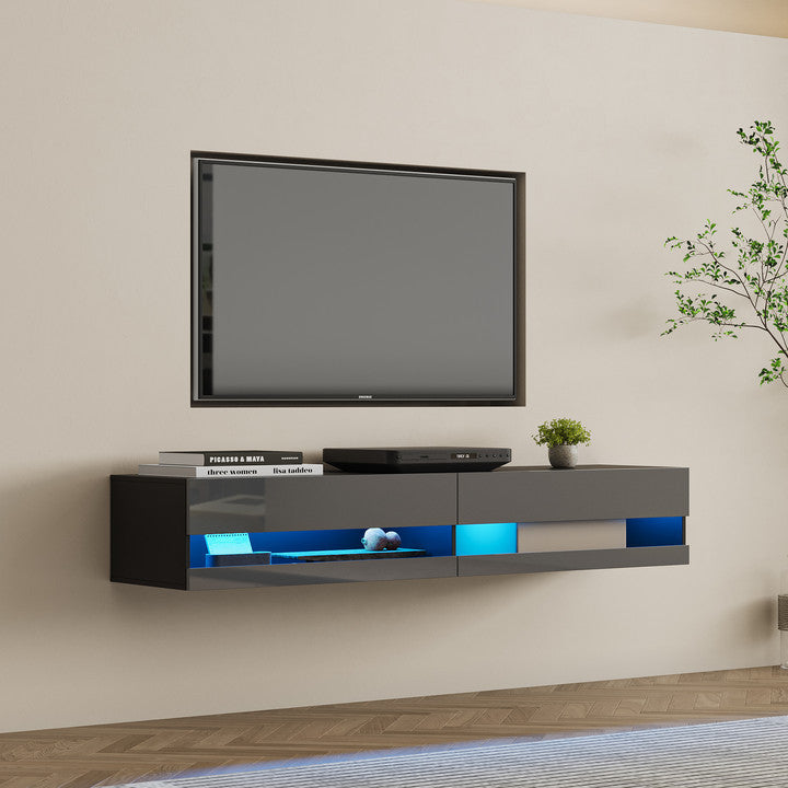 Lucid Wall Mounted Floating 80" TV Stand with 20 Color LEDs in Black and Grey