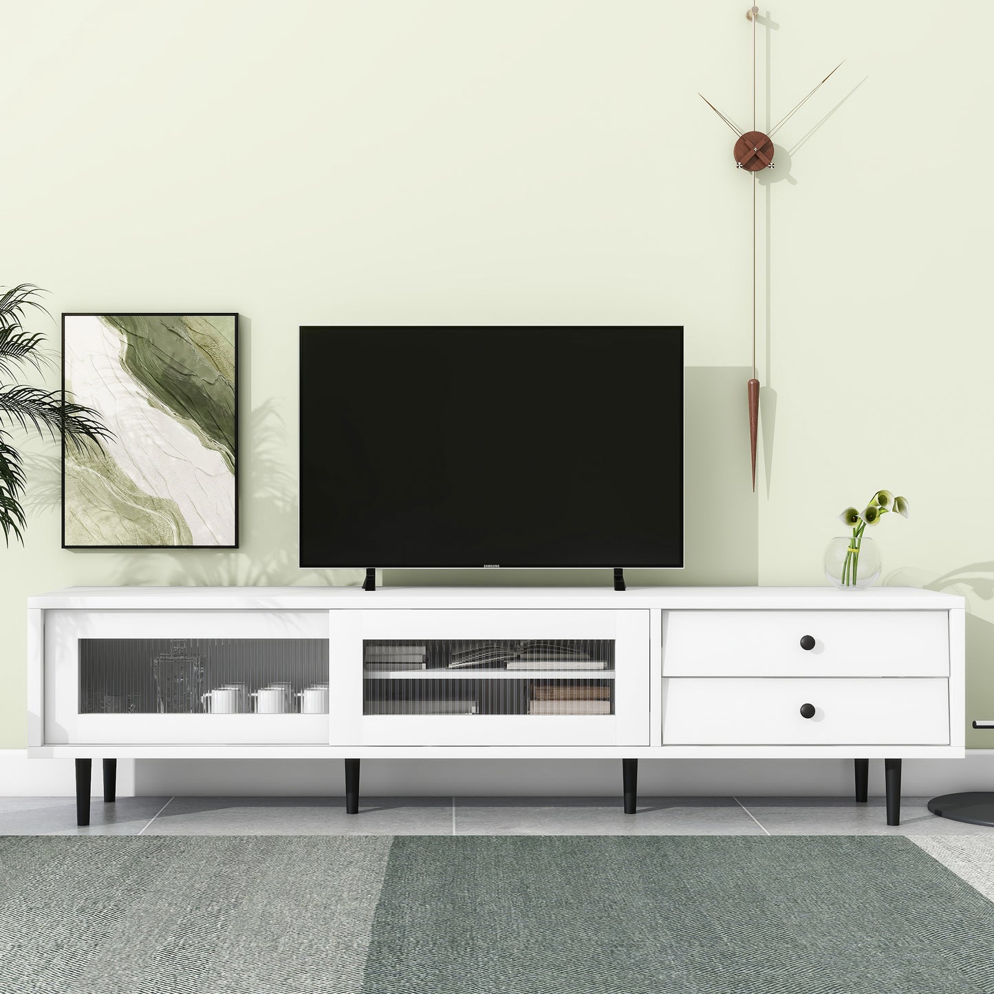 Chic Elegant Design TV Stand with Sliding Fluted Glass Doors