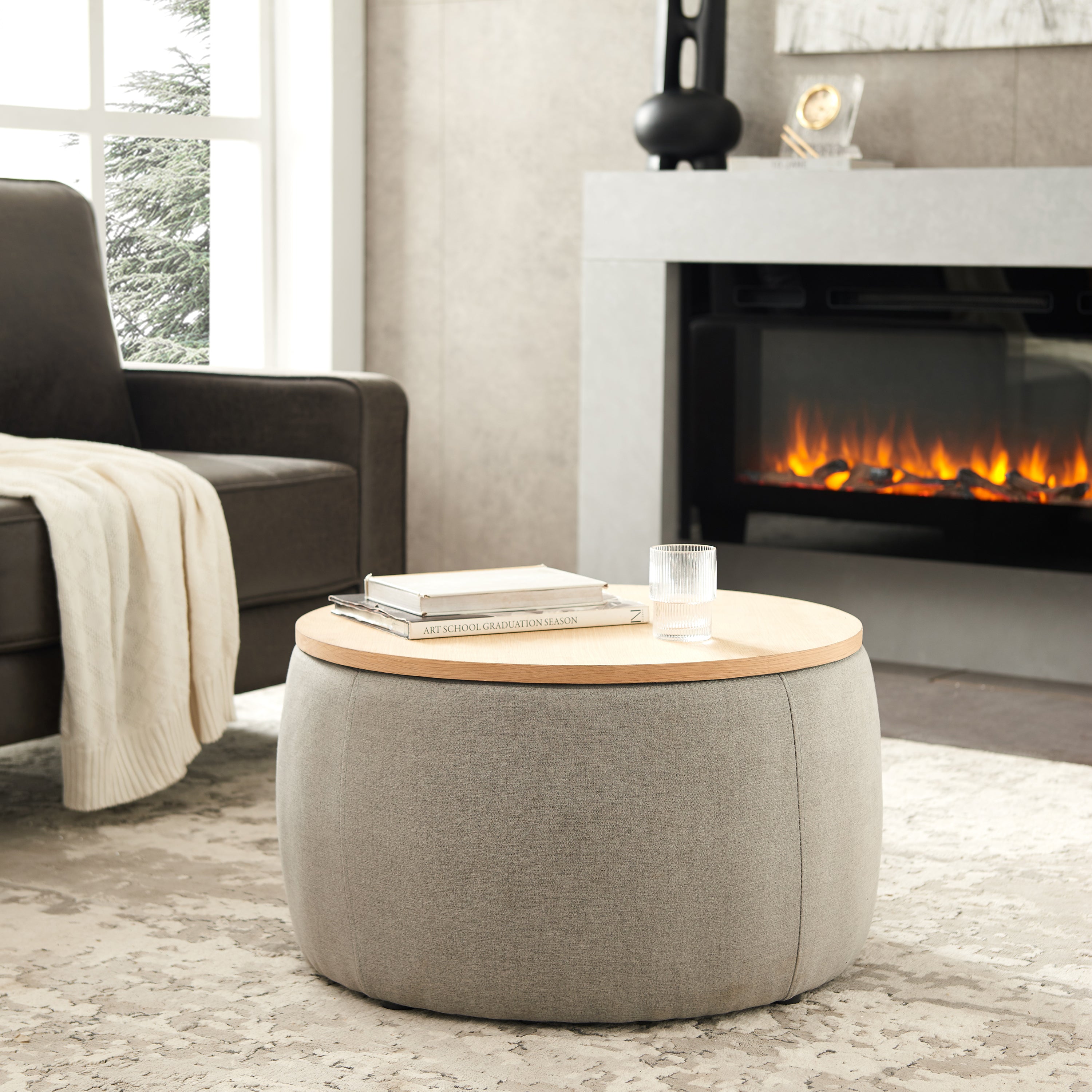 Alina Light Grey Round Storage Ottoman