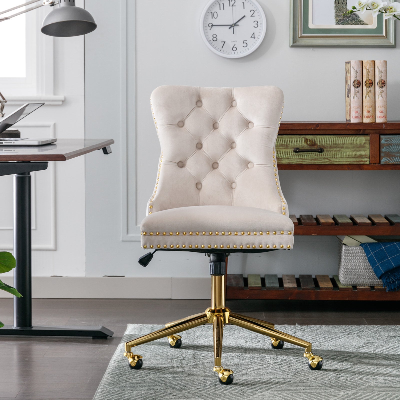 Velora Velvet Tufted Office Chair with Golden Base