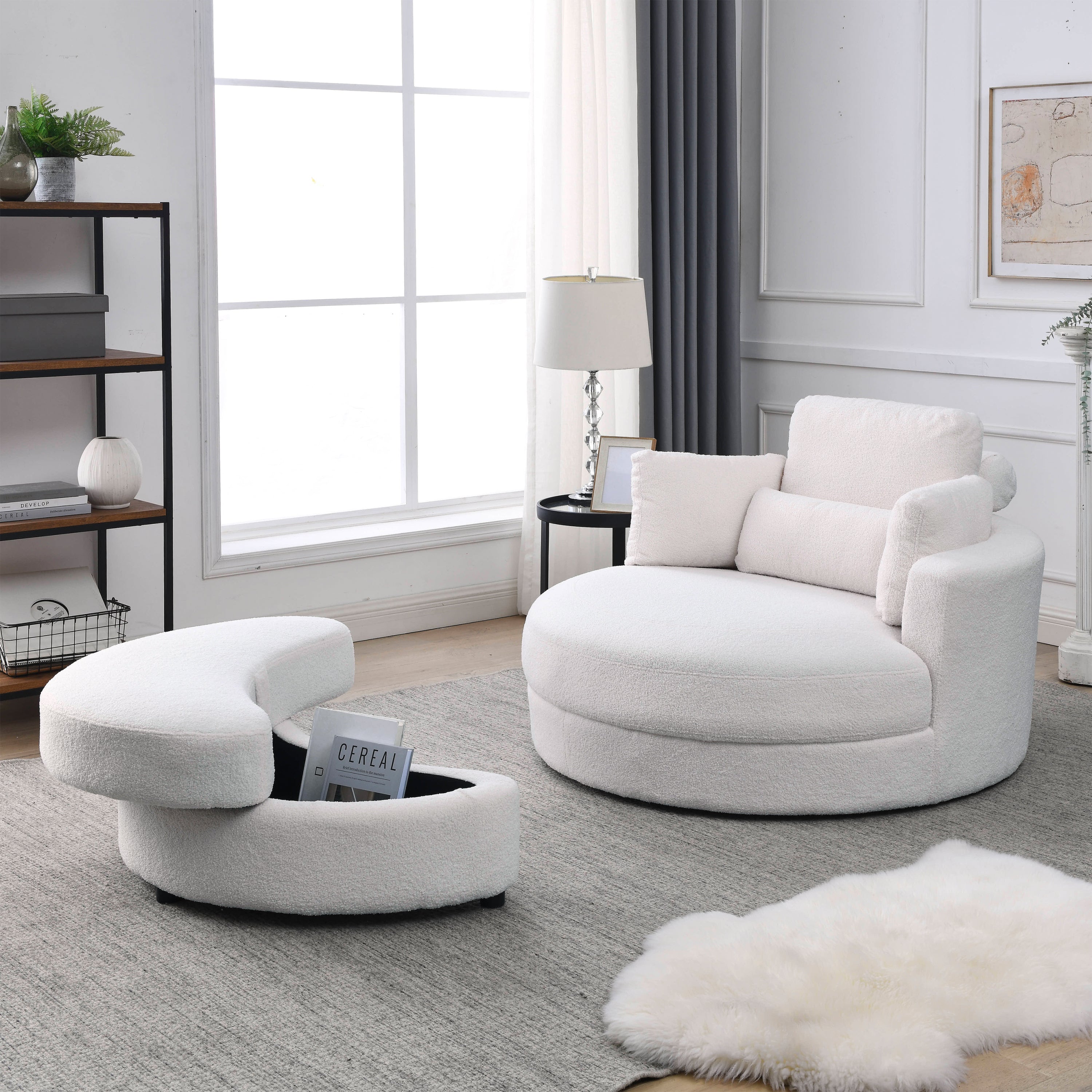 Welike Ivory Swivel Chair with Ottoman