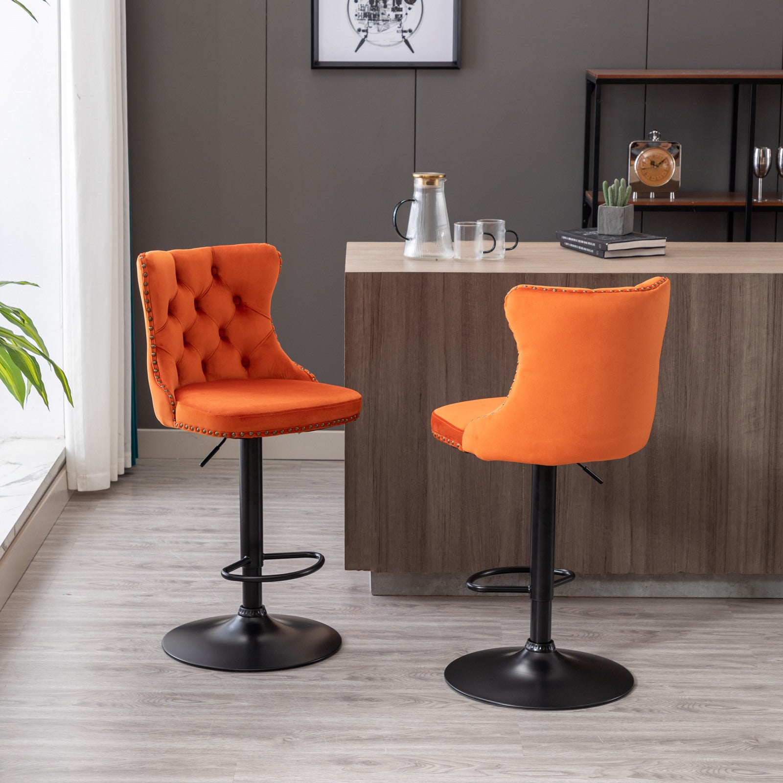 LuxeBar Set of 2 Orange Swivel Velvet Bar Stools, Adjustable Height