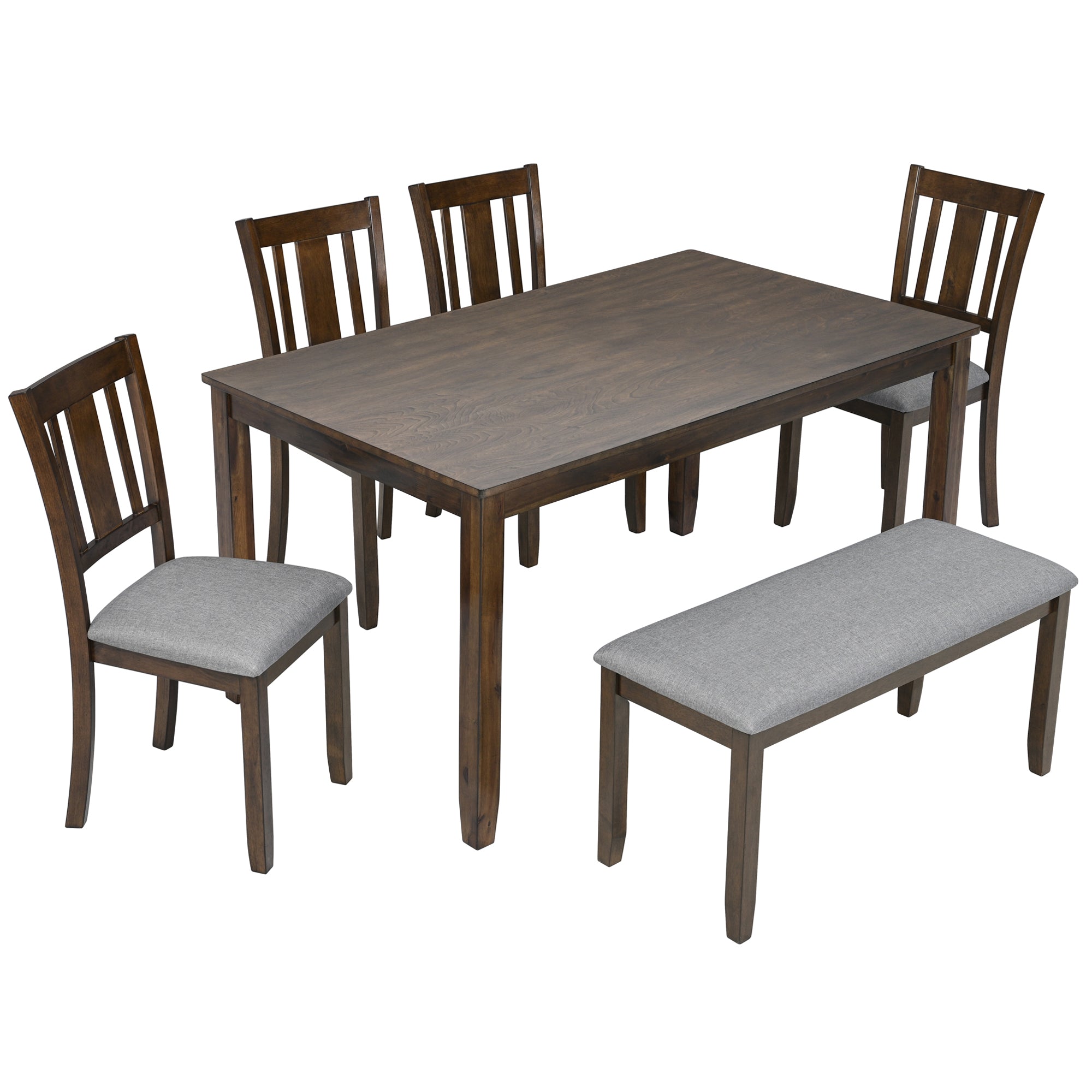 LuxeWood 6-Piece Wooden Dining Table Set with Chairs & Bench, Walnut