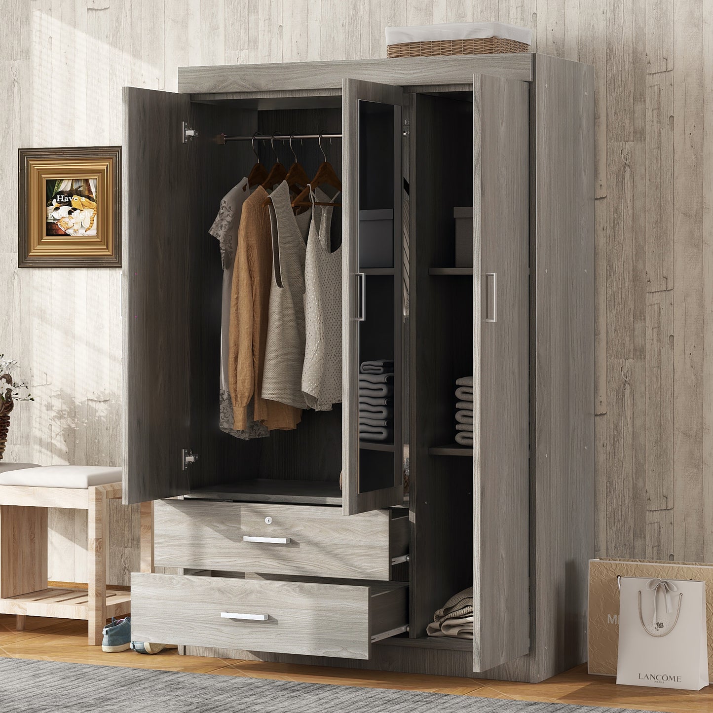 3-Door Mirror Wardrobe with (2) Drawers in Gray