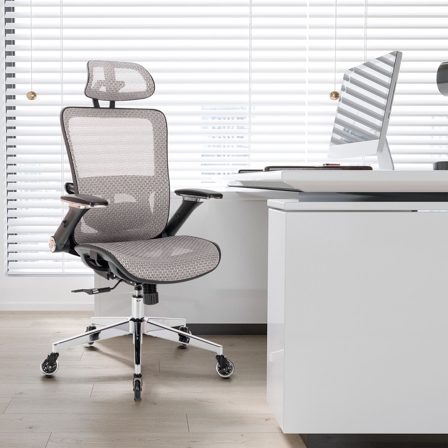 Ergona Grey Mesh Office Chair w/ Adjustable Headrest with Flip-Up Arms