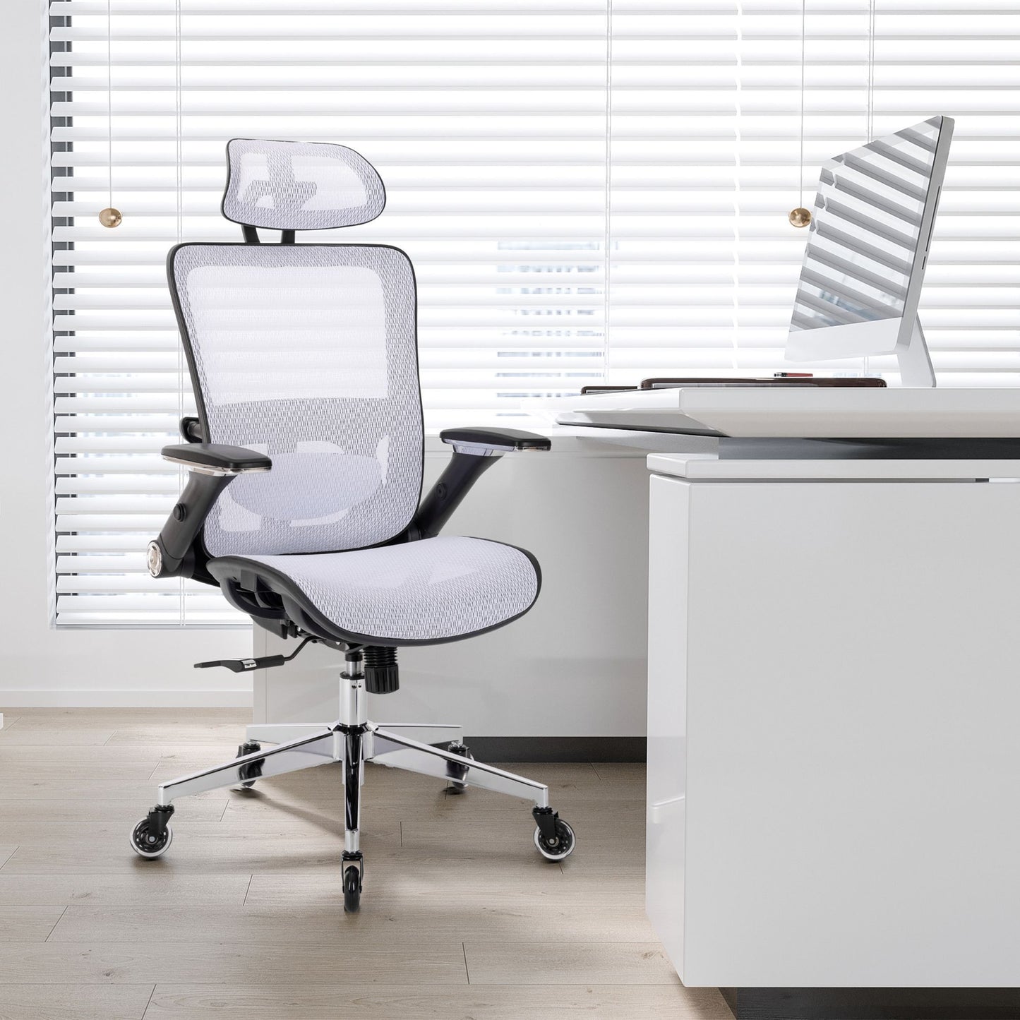 Kimmie White Office Chair w/  Adjustable Headrest with Flip-Up Arms