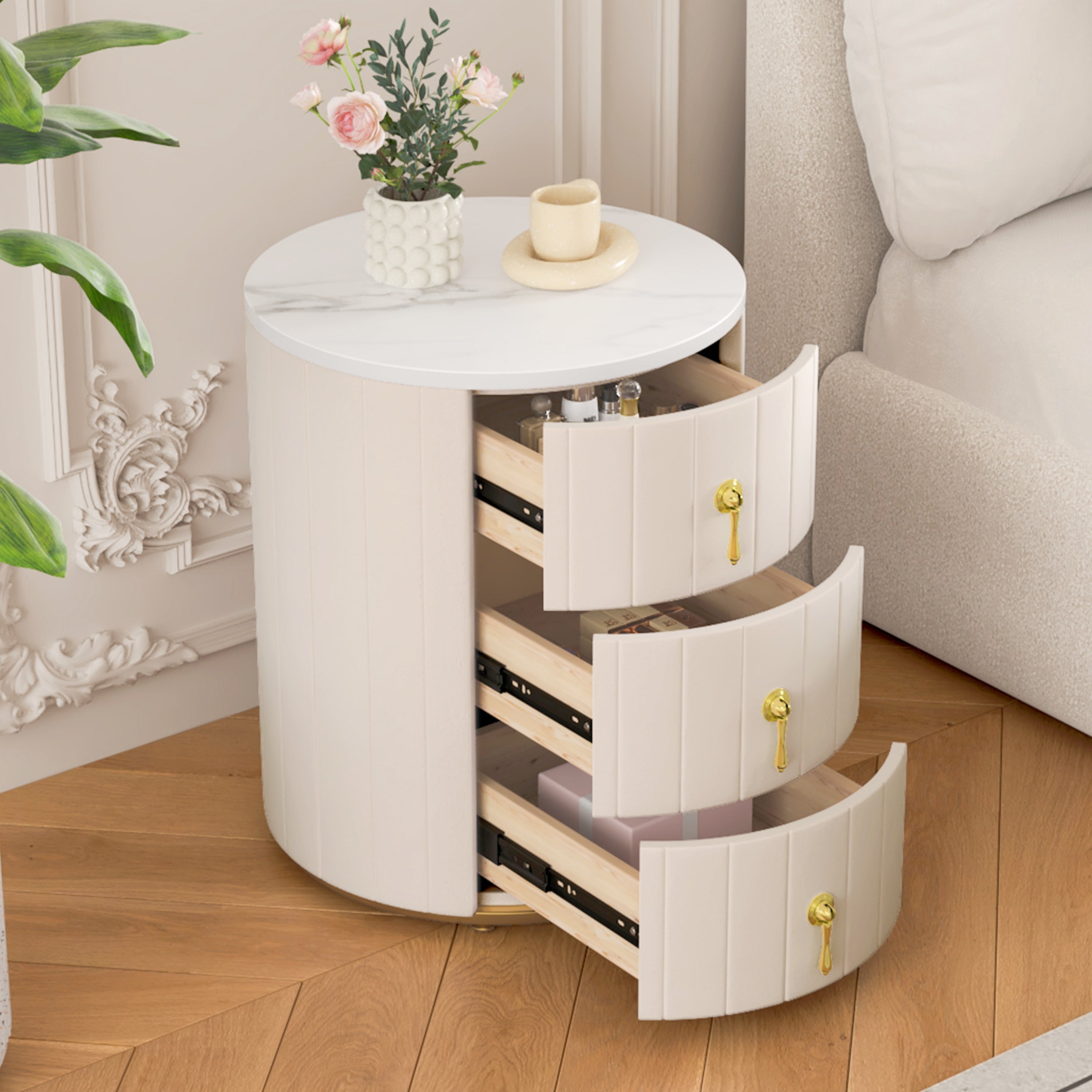 Orion Beige Upholstered Nightstand with 3 Drawers
