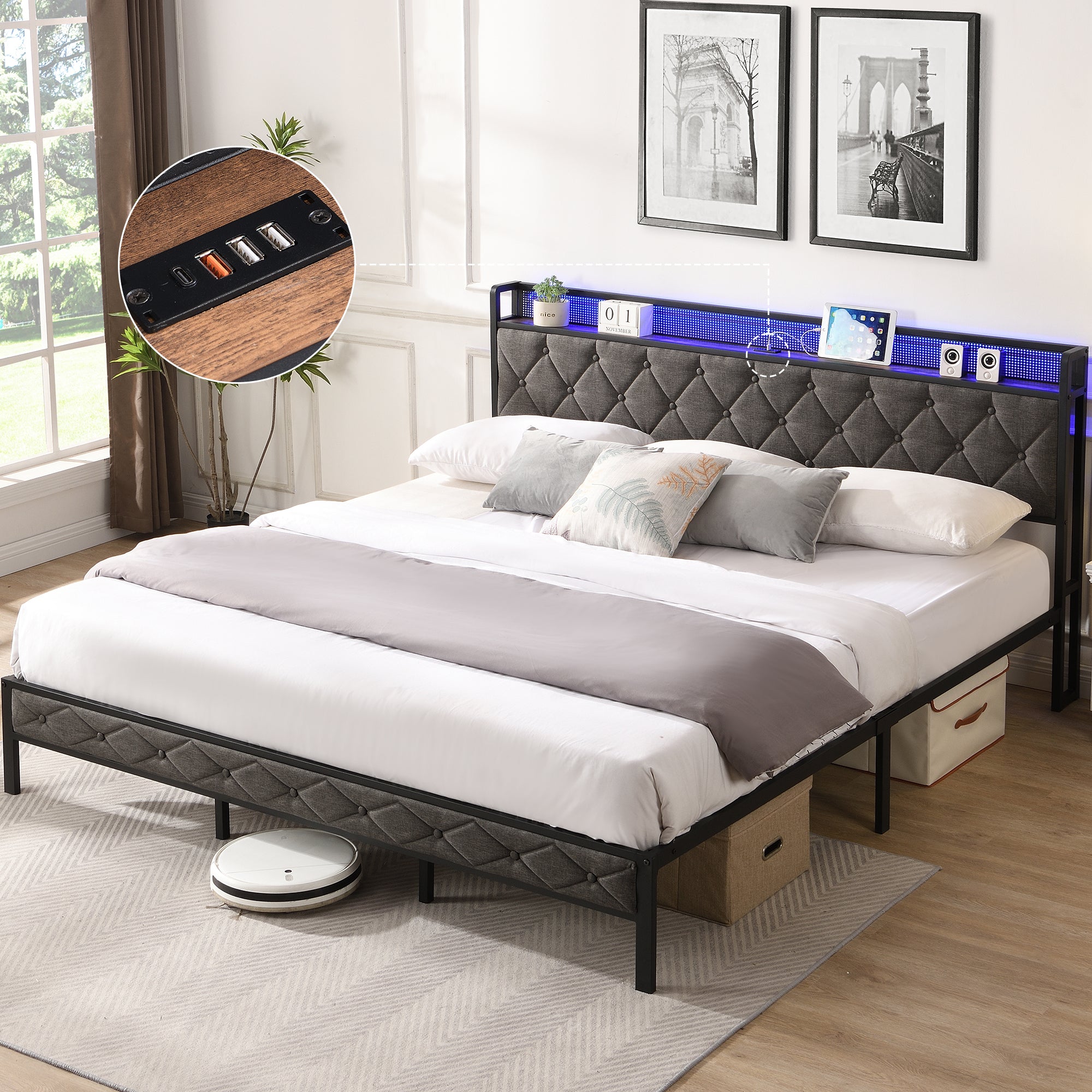 Zen Rest King Bed Frame with Storage Headboard