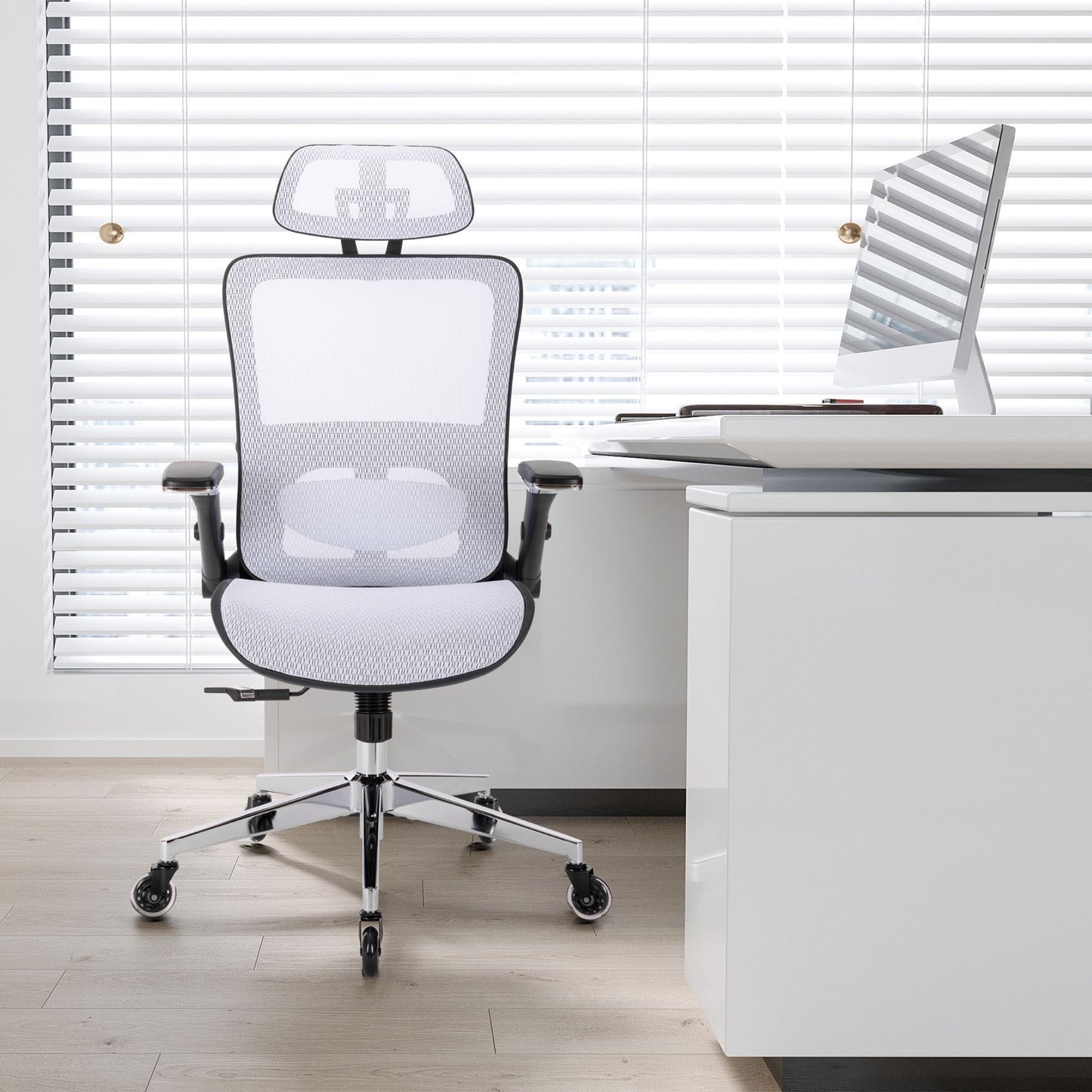 Kimmie White Office Chair w/  Adjustable Headrest with Flip-Up Arms