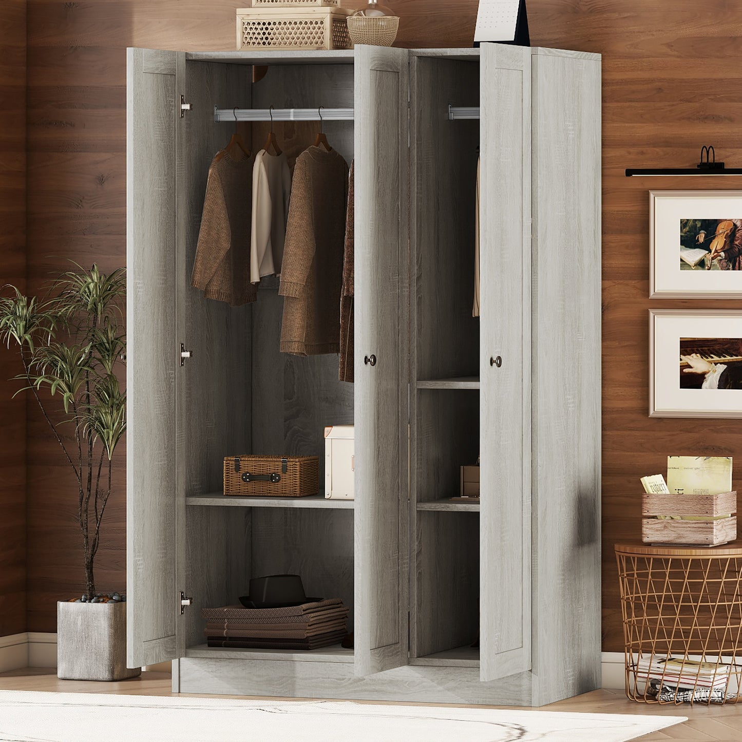 3-Door Shutter Wardrobe with shelves in Gray