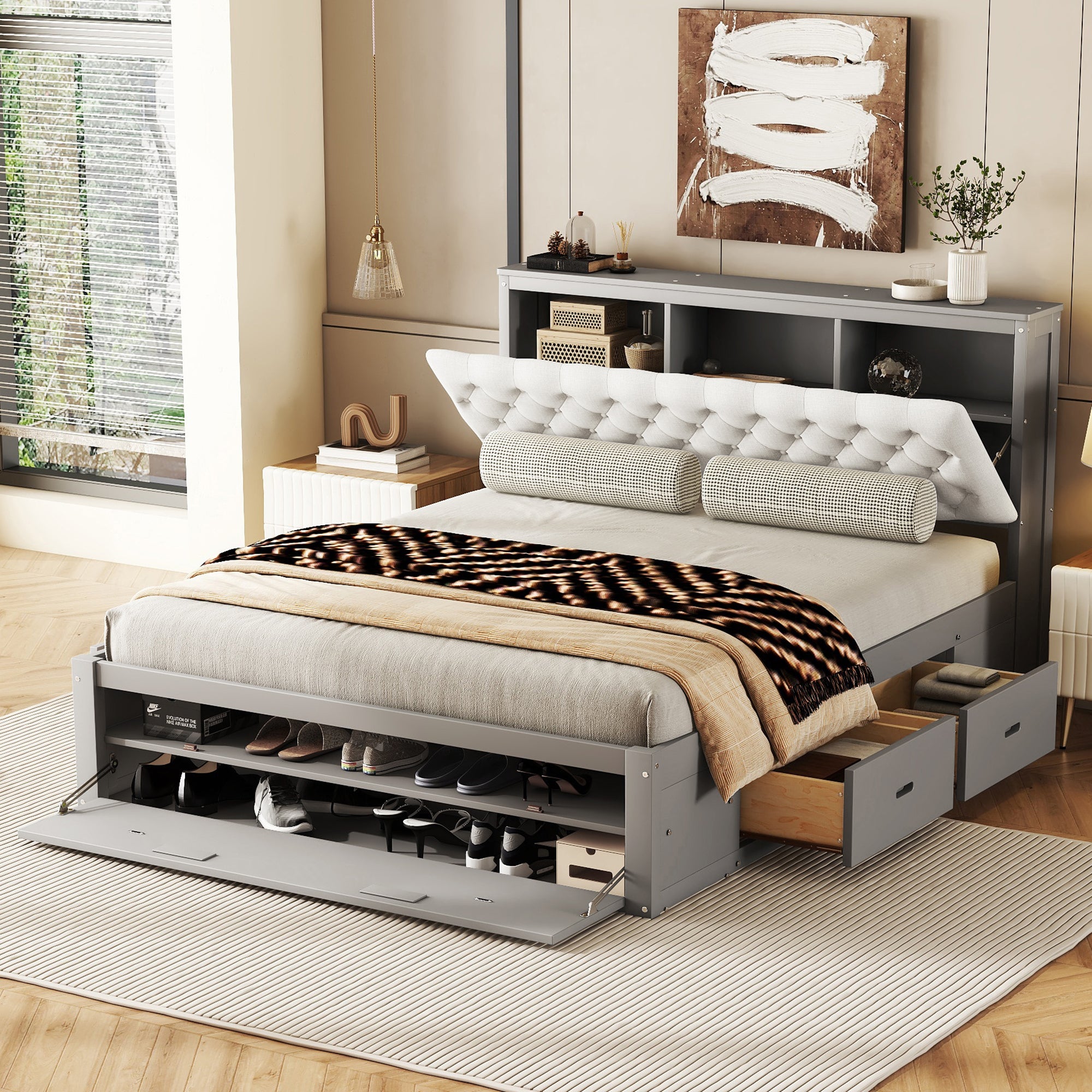 Hidden Haven Queen Platform Bed with Storage Headboard,