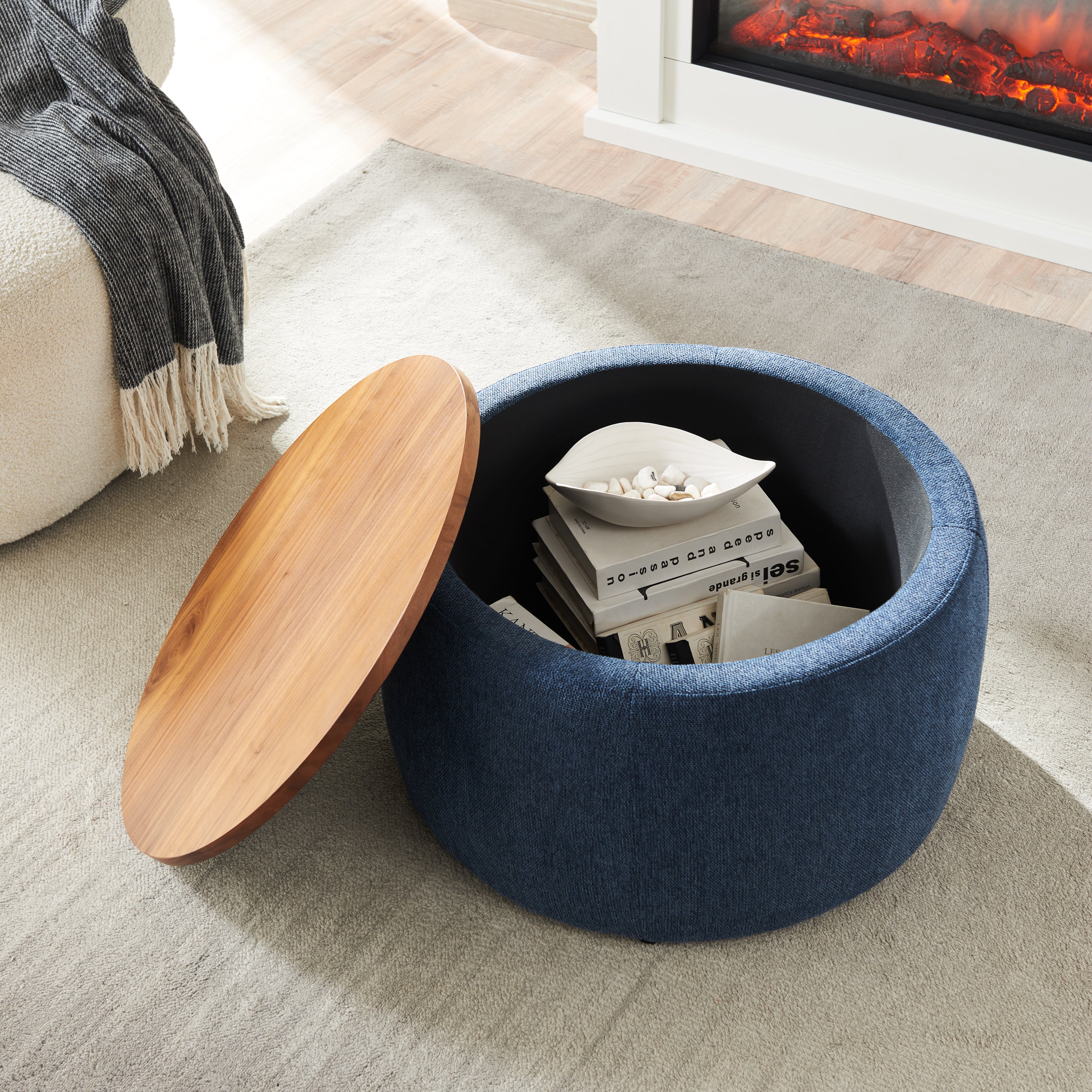 Alina Navy Round Storage Ottoman