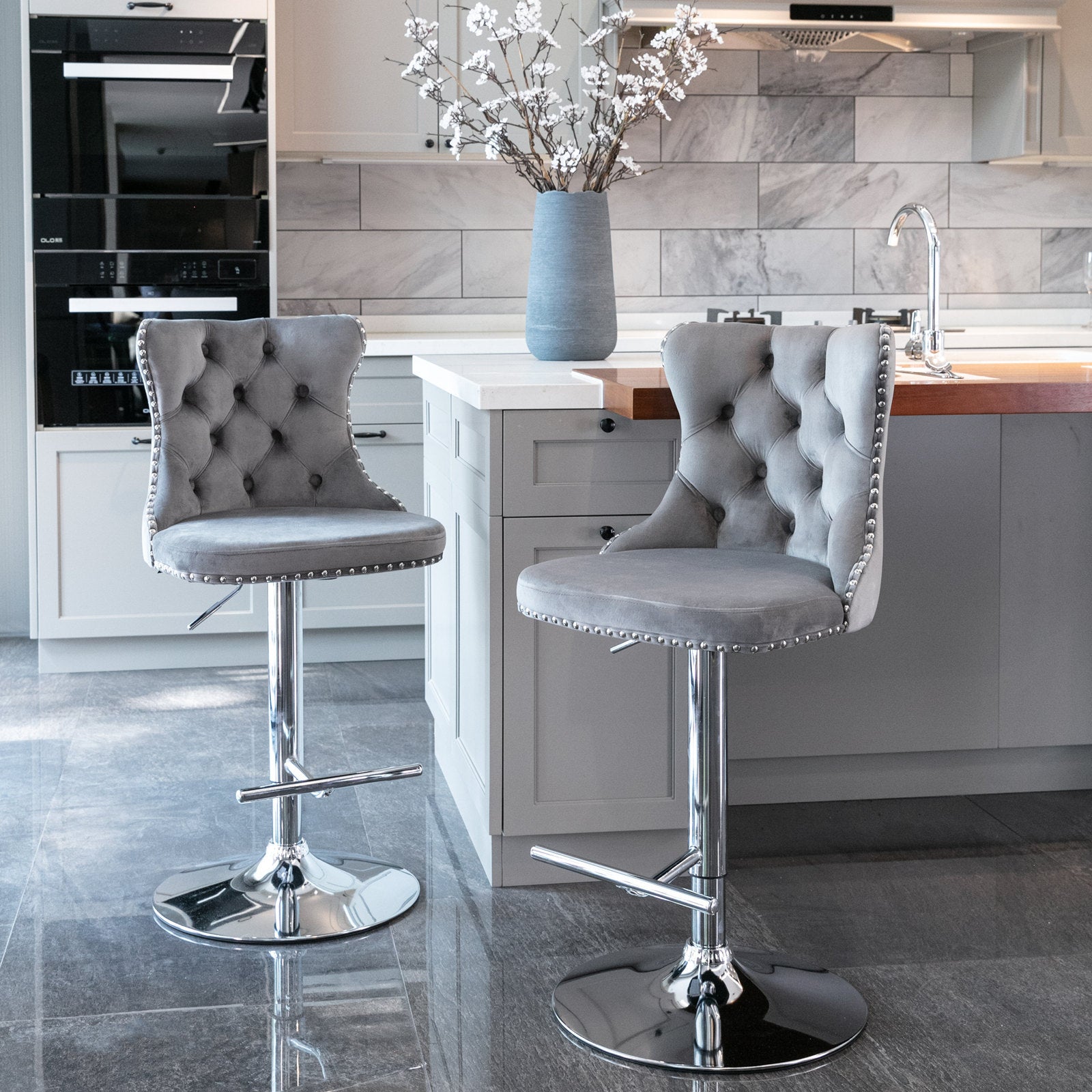 LuxeBar Set of 2 Gray Swivel Velvet Bar Stools, Adjustable Height, Tufted