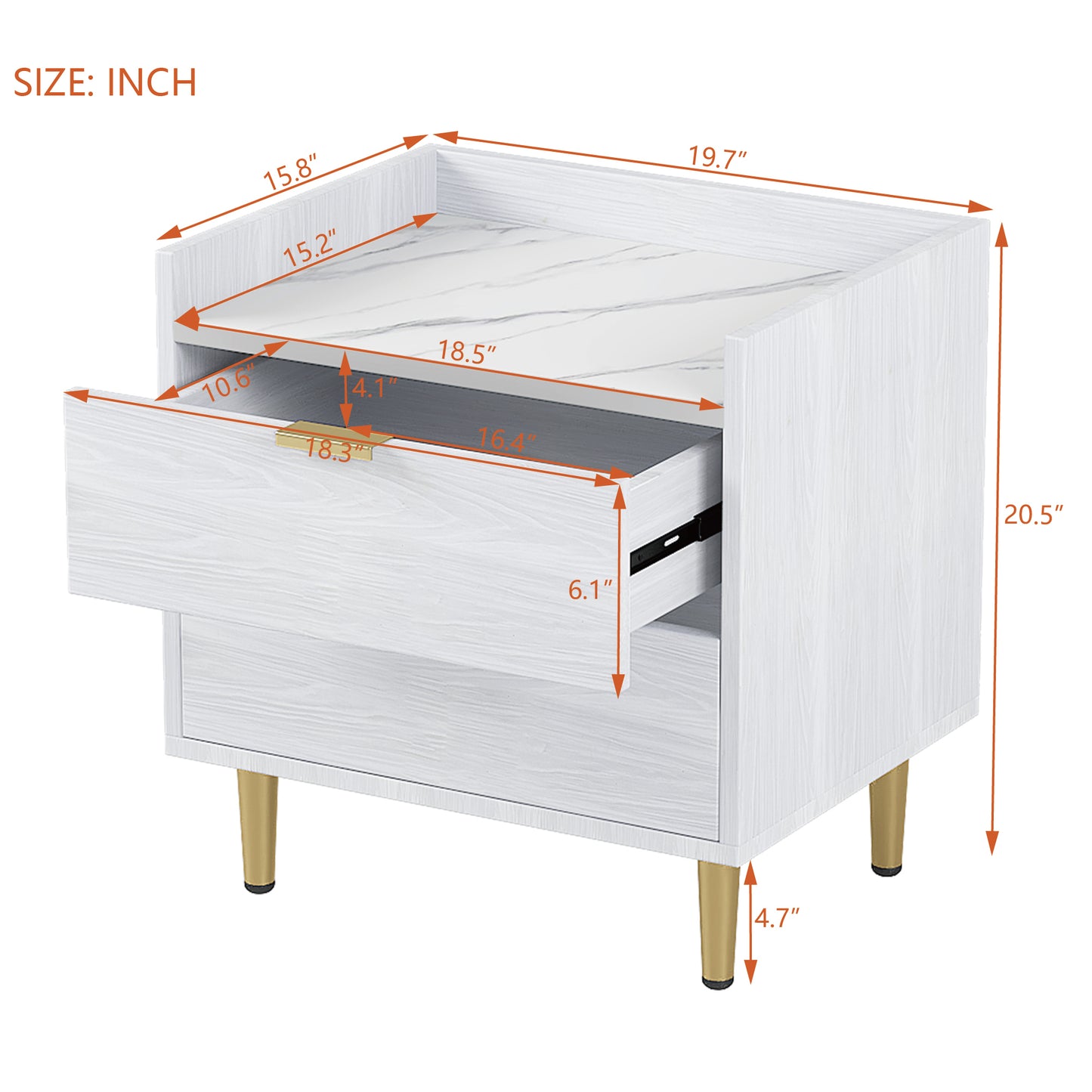 Mordern Wood Bedside Table with Metal Legs&Handles in White Finish