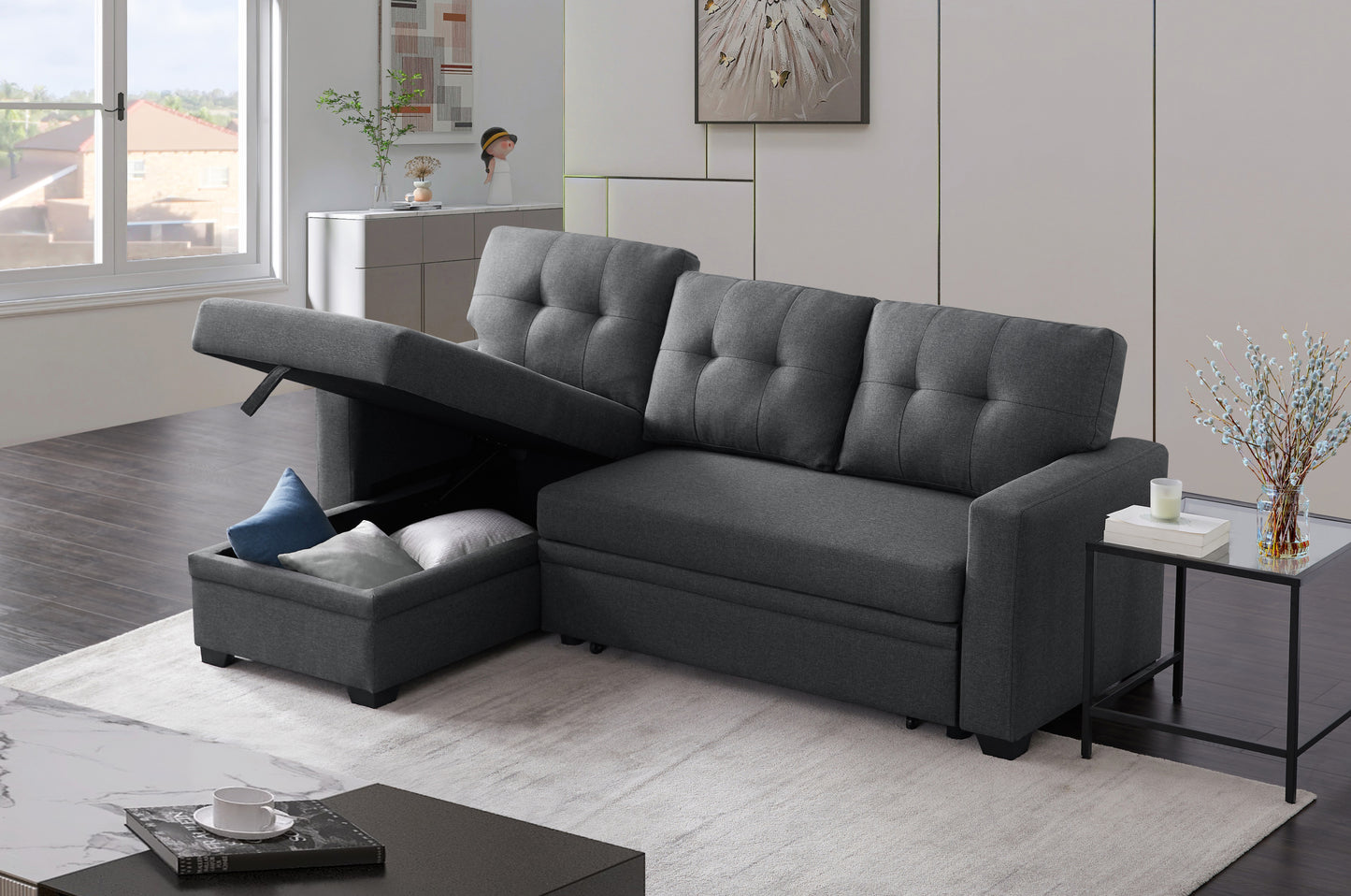 Upholstered Pull out Sectional Sofa with Chaise