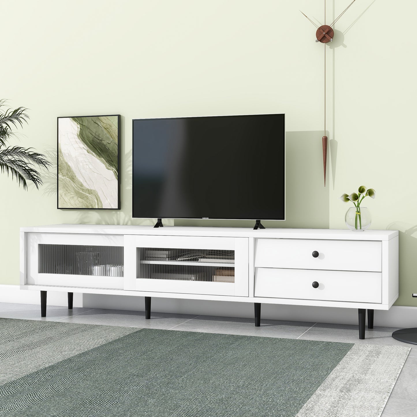 Chic Elegant Design TV Stand with Sliding Fluted Glass Doors