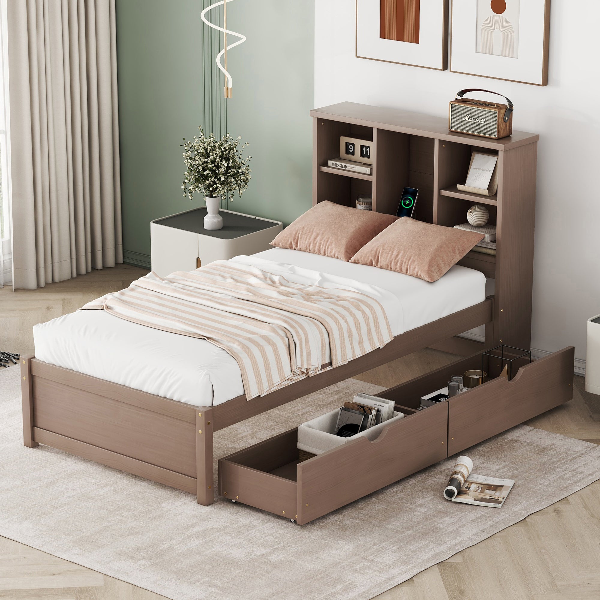 Pebble Twin Size Bed Frame in Walnut Finish