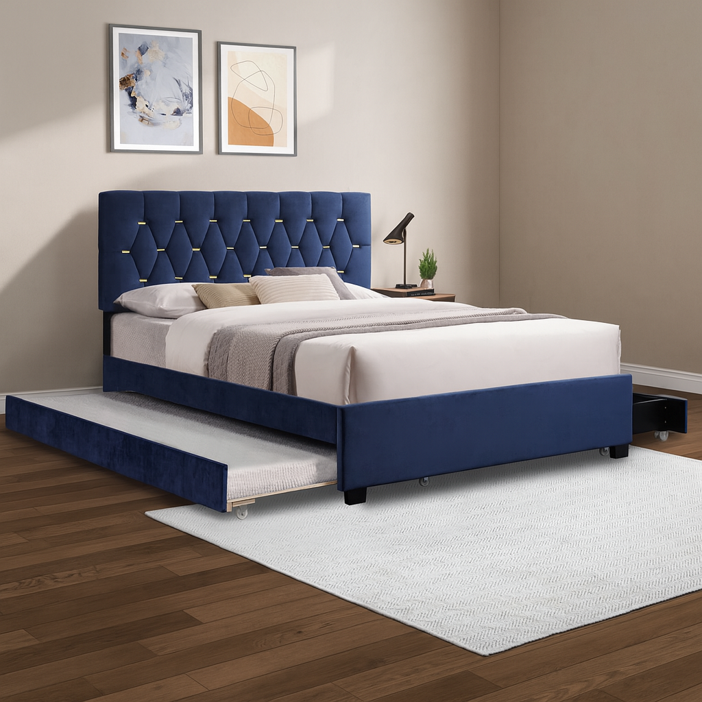 The Windsor Blue Velvet queen Bed with Storage