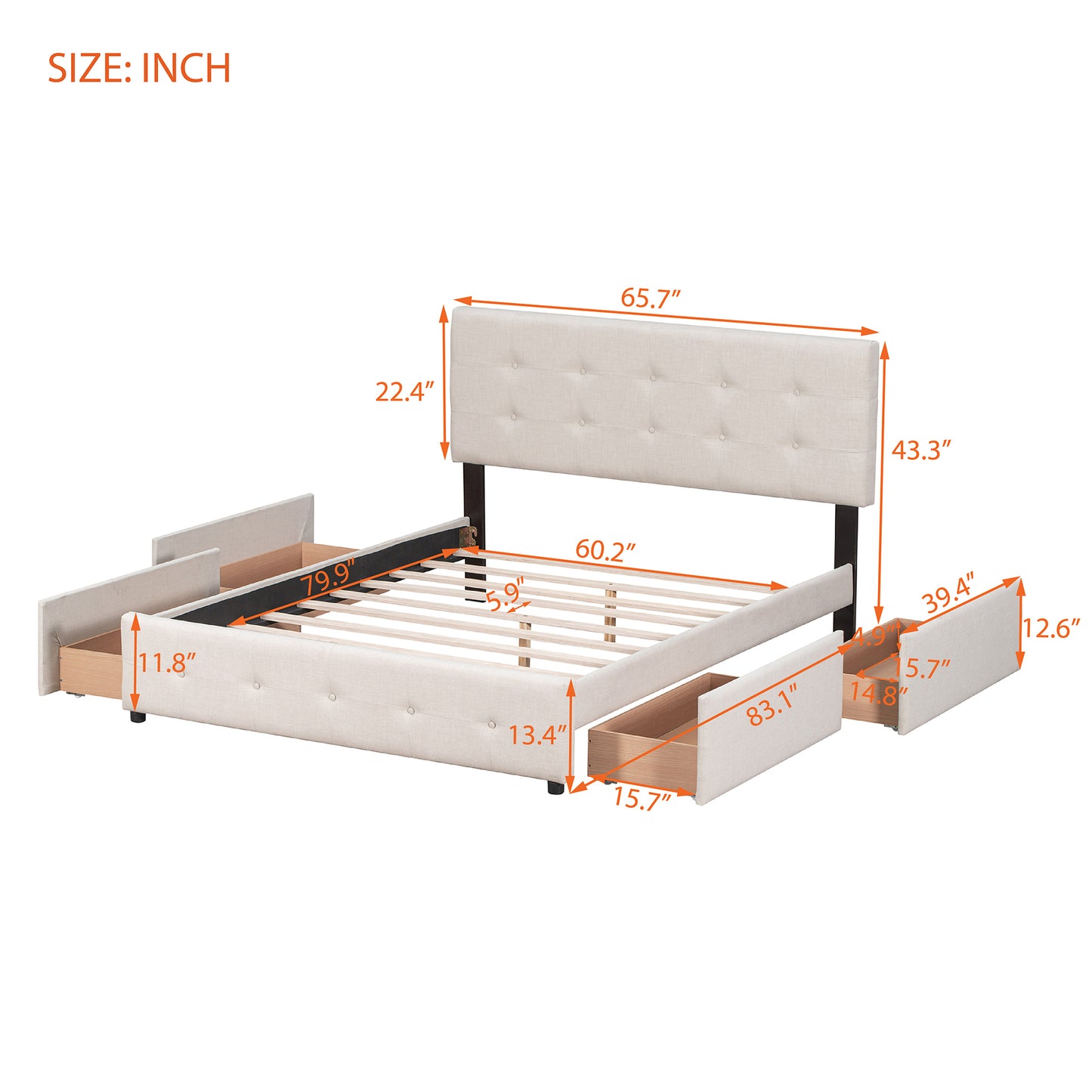 Upholstered Platform Bed with Classic Headboard and 4 Drawers