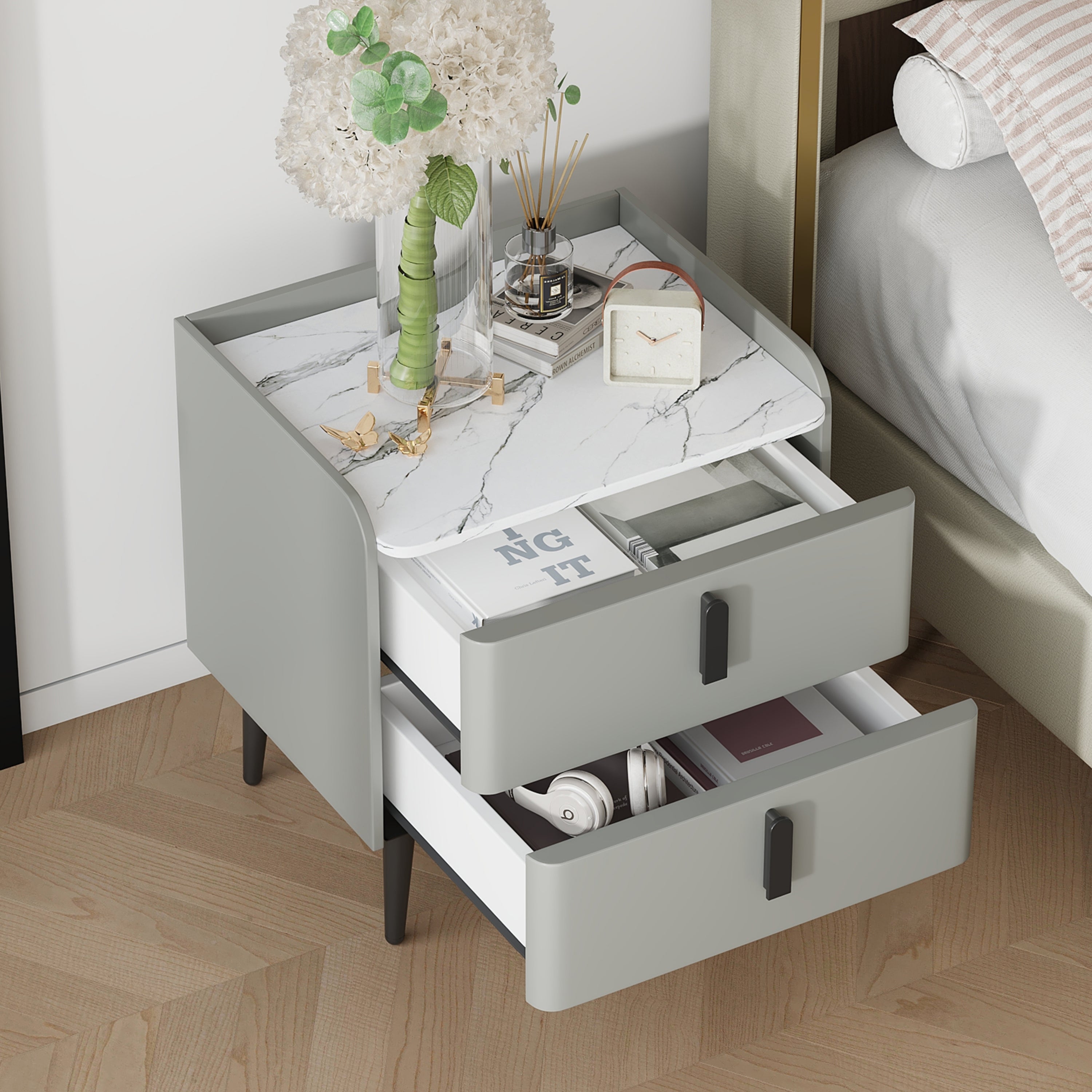CasaNova Grey Nightstand with 2 Drawers