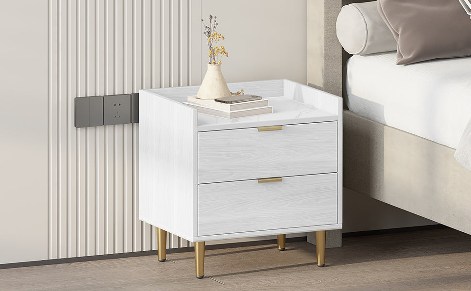 Mordern Wood Bedside Table with Metal Legs&Handles in White Finish