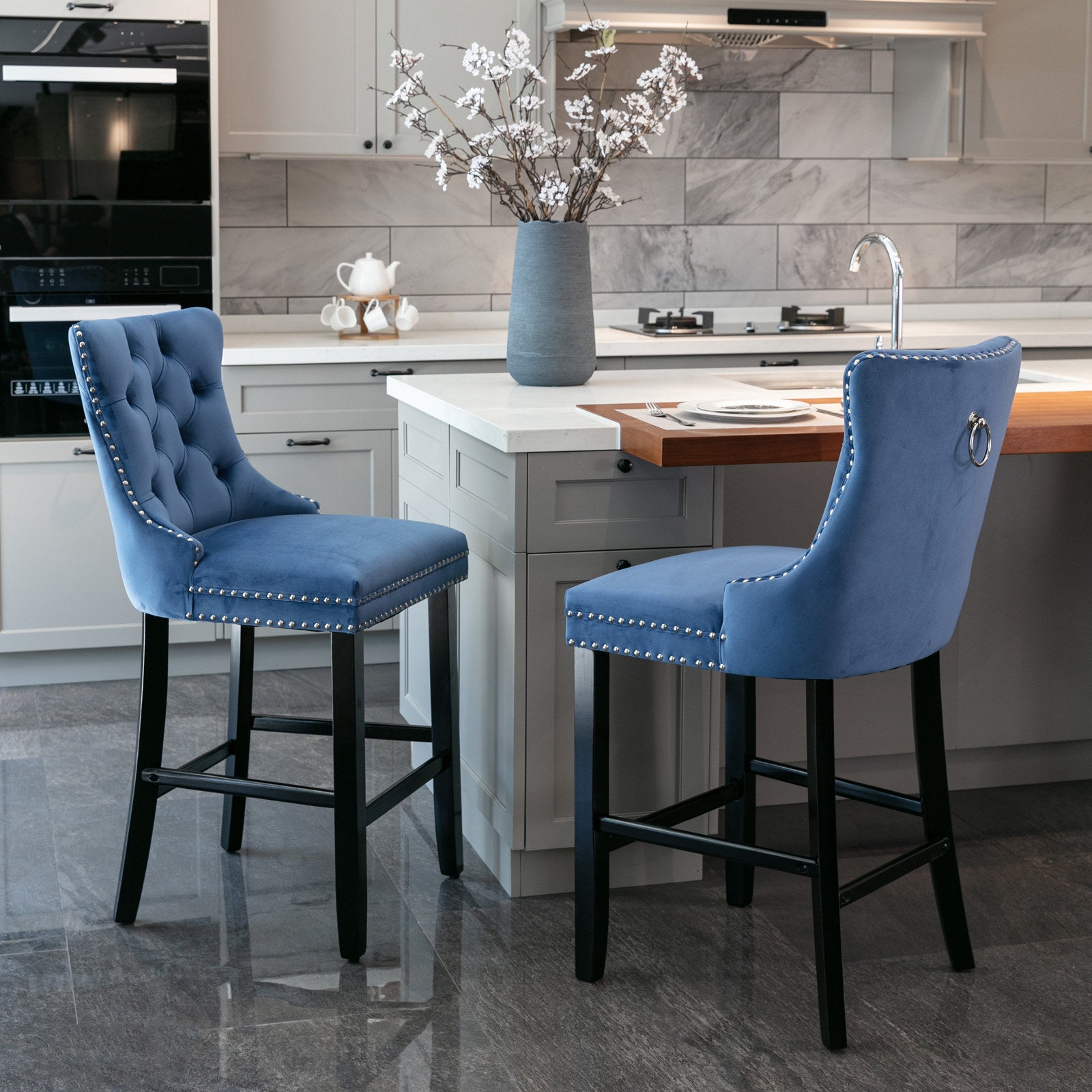 LuxeBar Set of 2 Blue Velvet Bar Stools, Button Tufted with Wooden Legs