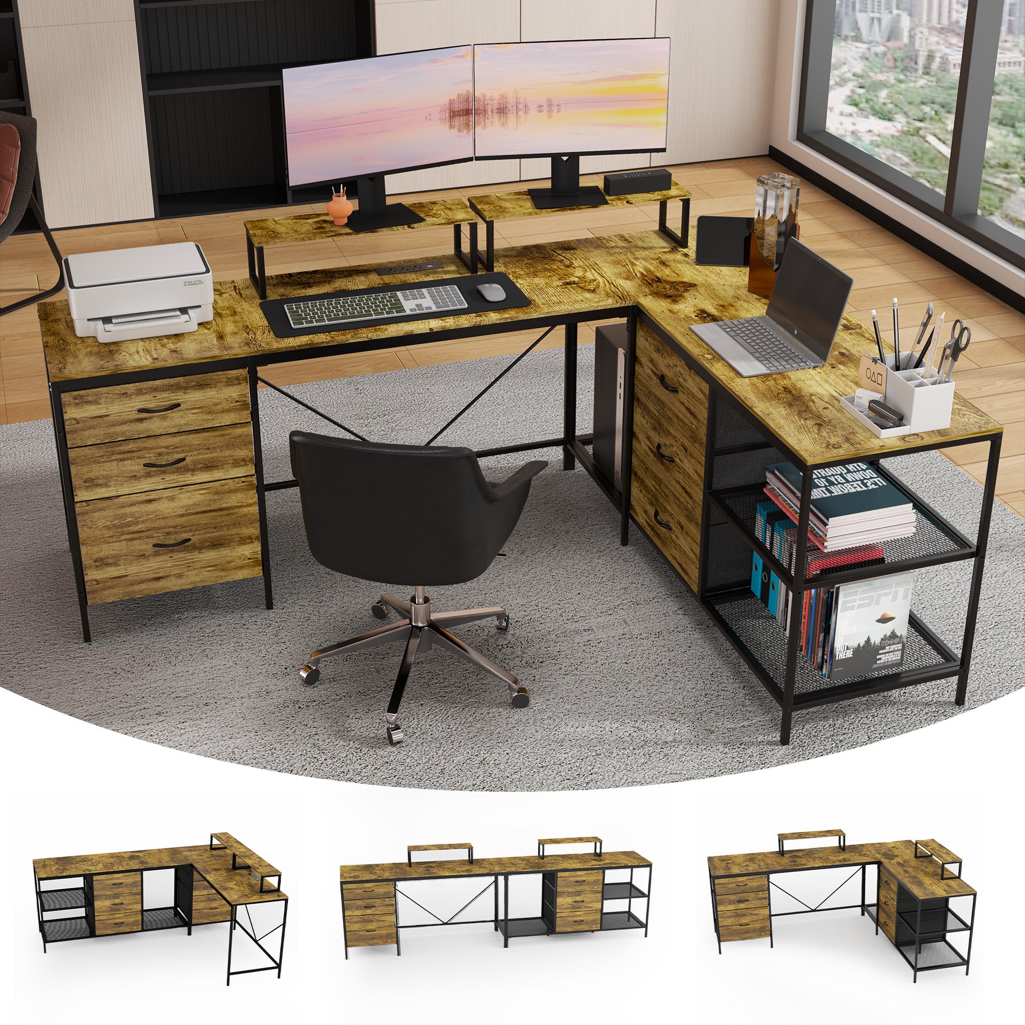 Rustic 114 Inch L-Shaped Desk with Power Outlets & USB-C