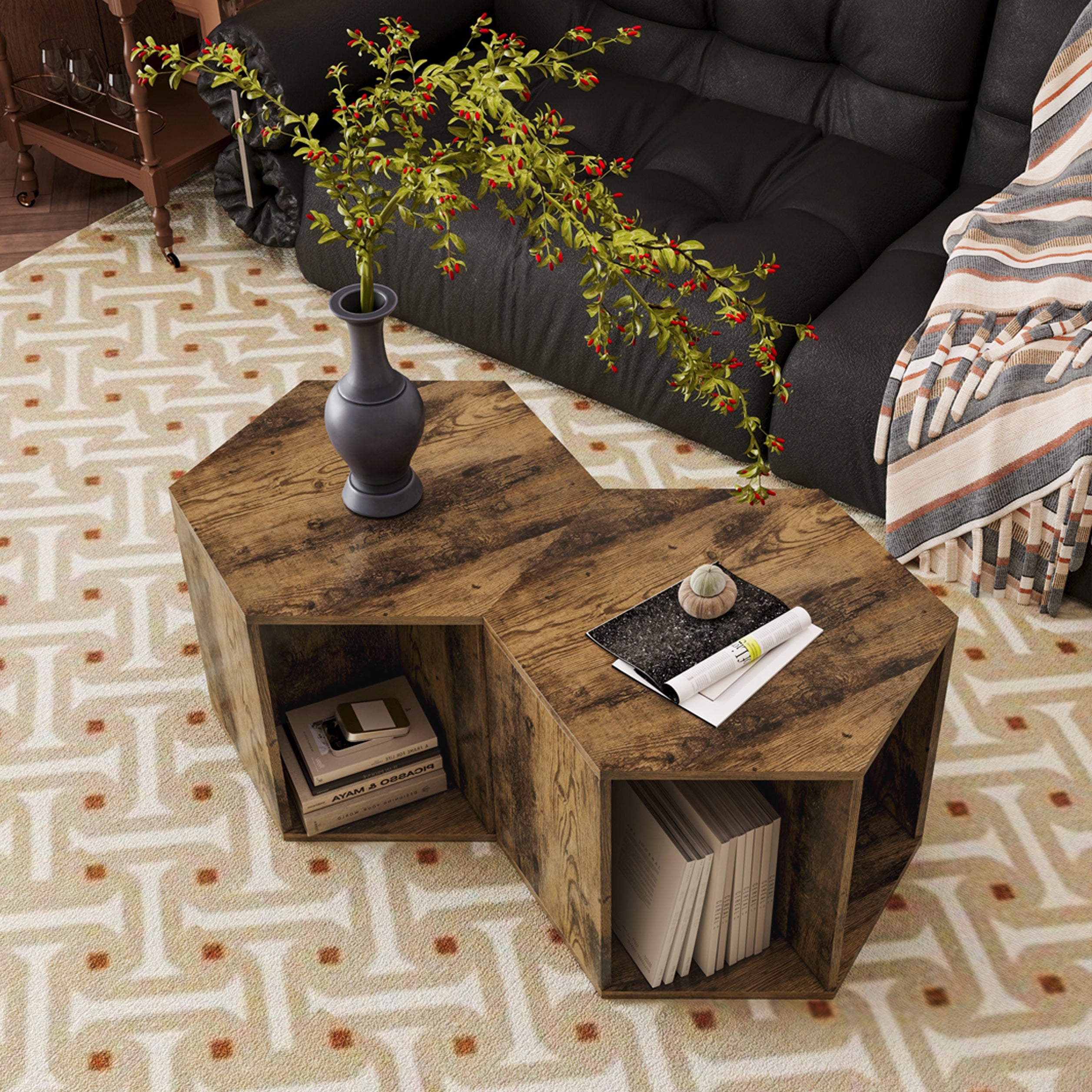 Hexagonal Coffee Table Set in Antique Brown Finish
