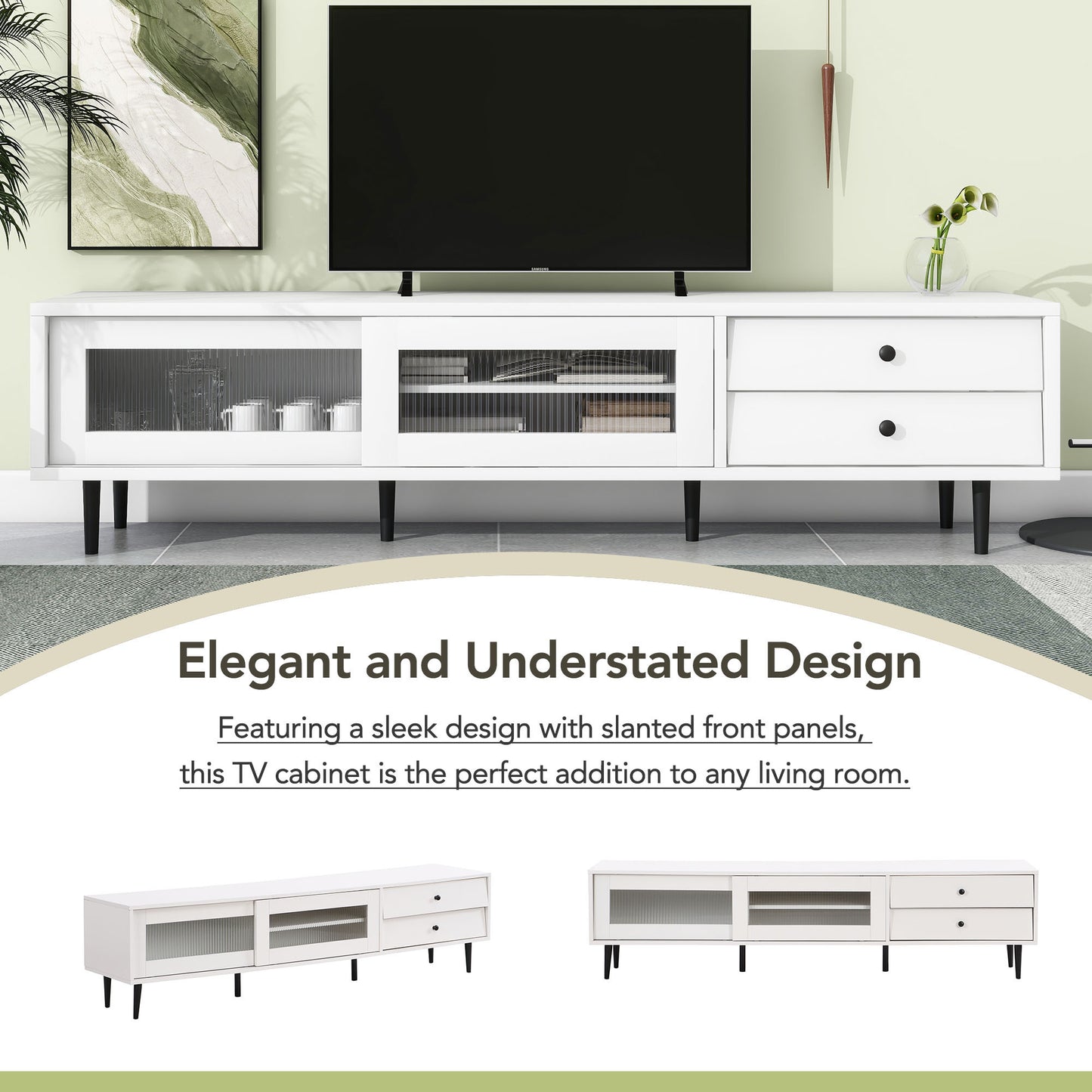 Chic Elegant Design TV Stand with Sliding Fluted Glass Doors