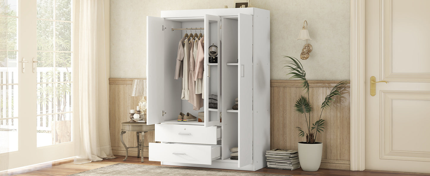 3-Door Mirror Wardrobe with shelves in White