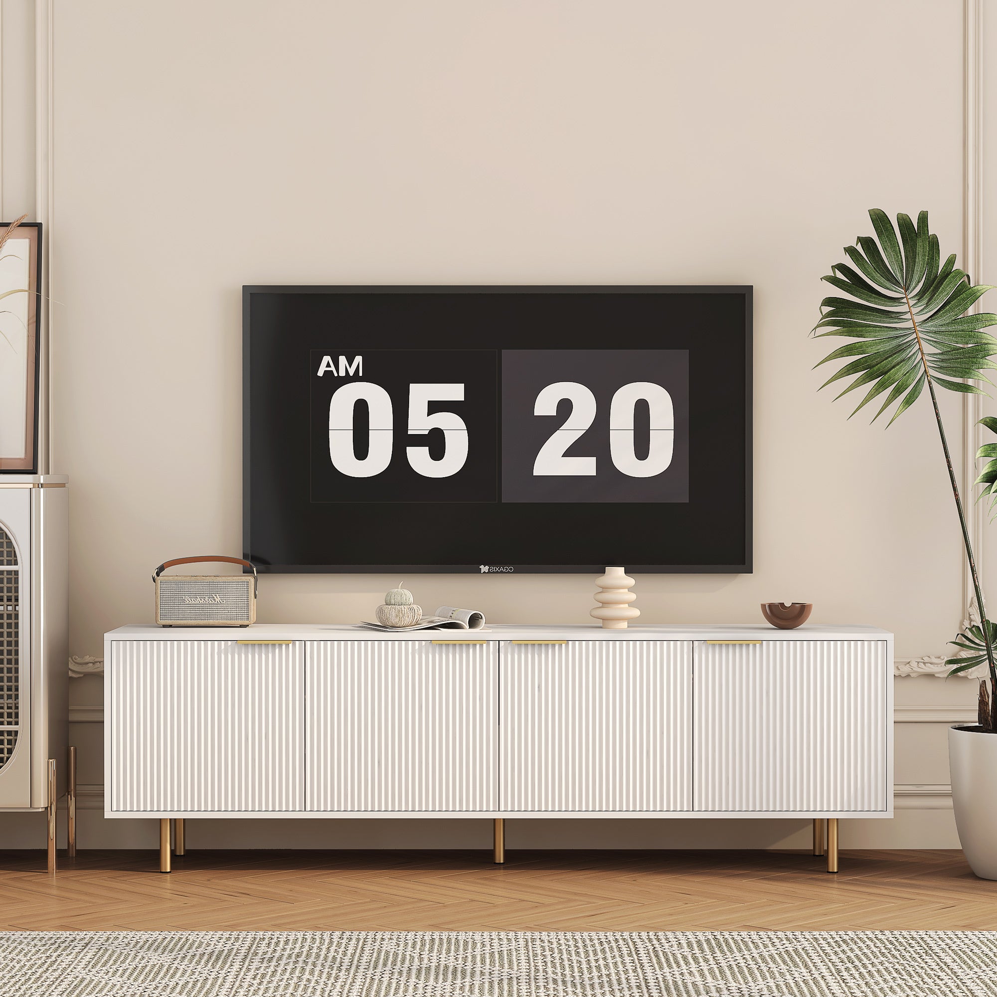 Aria White Modern TV Stand 68 Inch, Fluted Entertainment Console