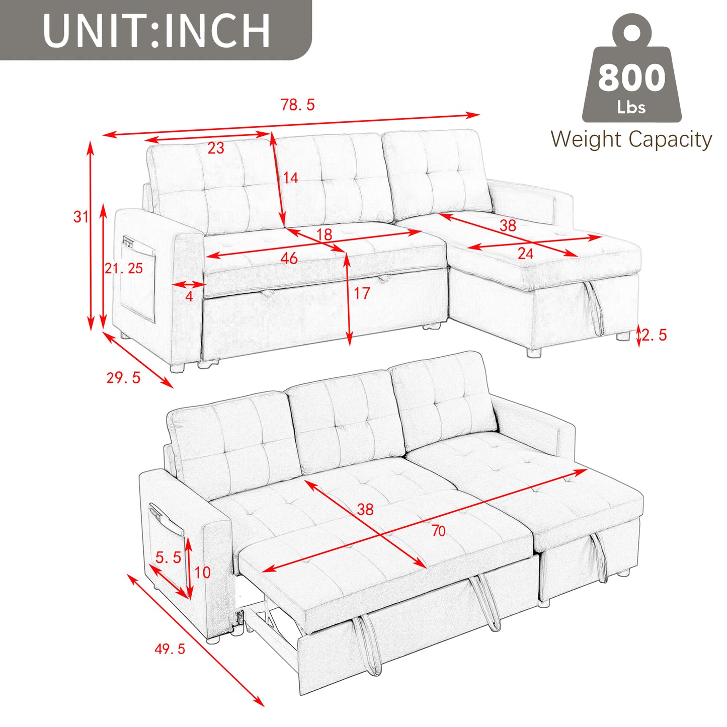 Monsoon Beige Sleeper Sofa Bed Reversible Sectional Couch with Storage Chaise