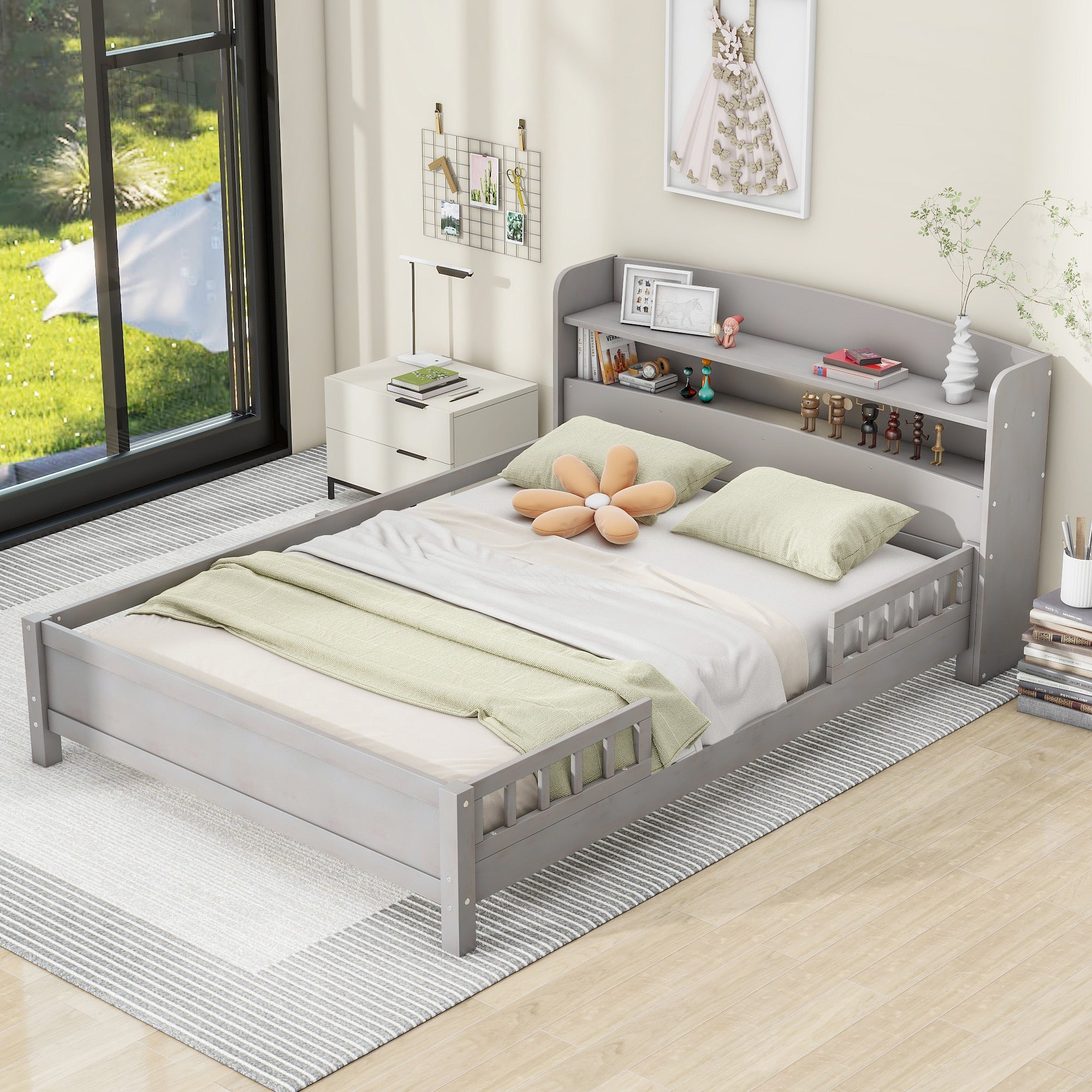 Element Antique Grey Wood Full Platform Bed with LED