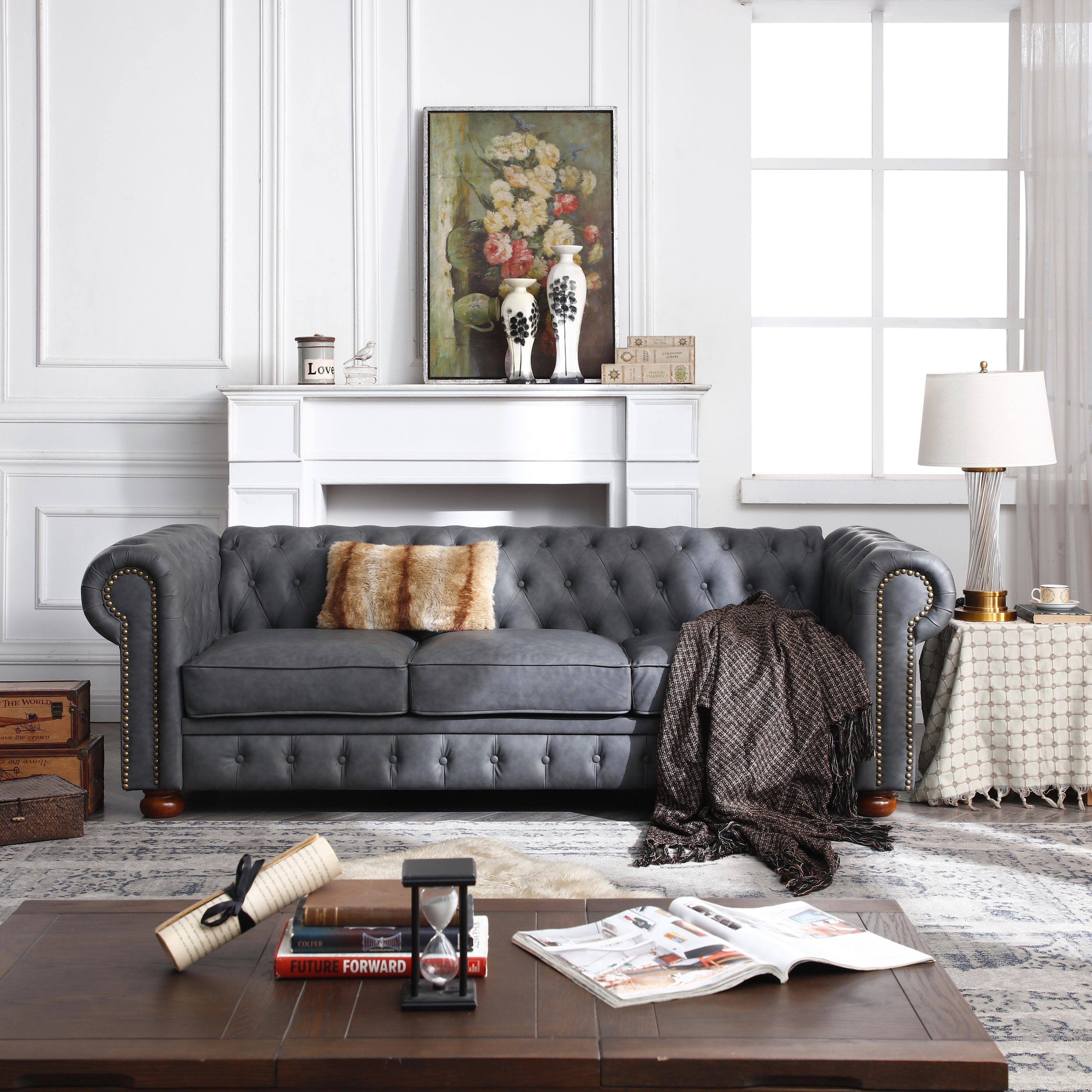Chesterfield Classic Sofa Dark Grey in Faux Leather