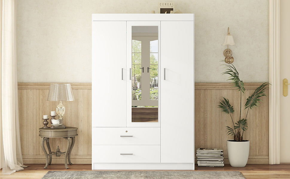 3-Door Mirror Wardrobe with shelves in White