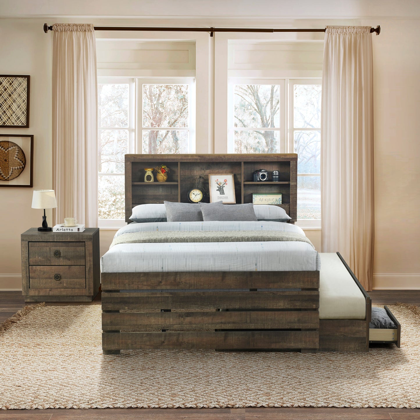 Jordan Farmhouse Style Twin Size Bookcase Captain Bed and Nightstand in Rustic Brown