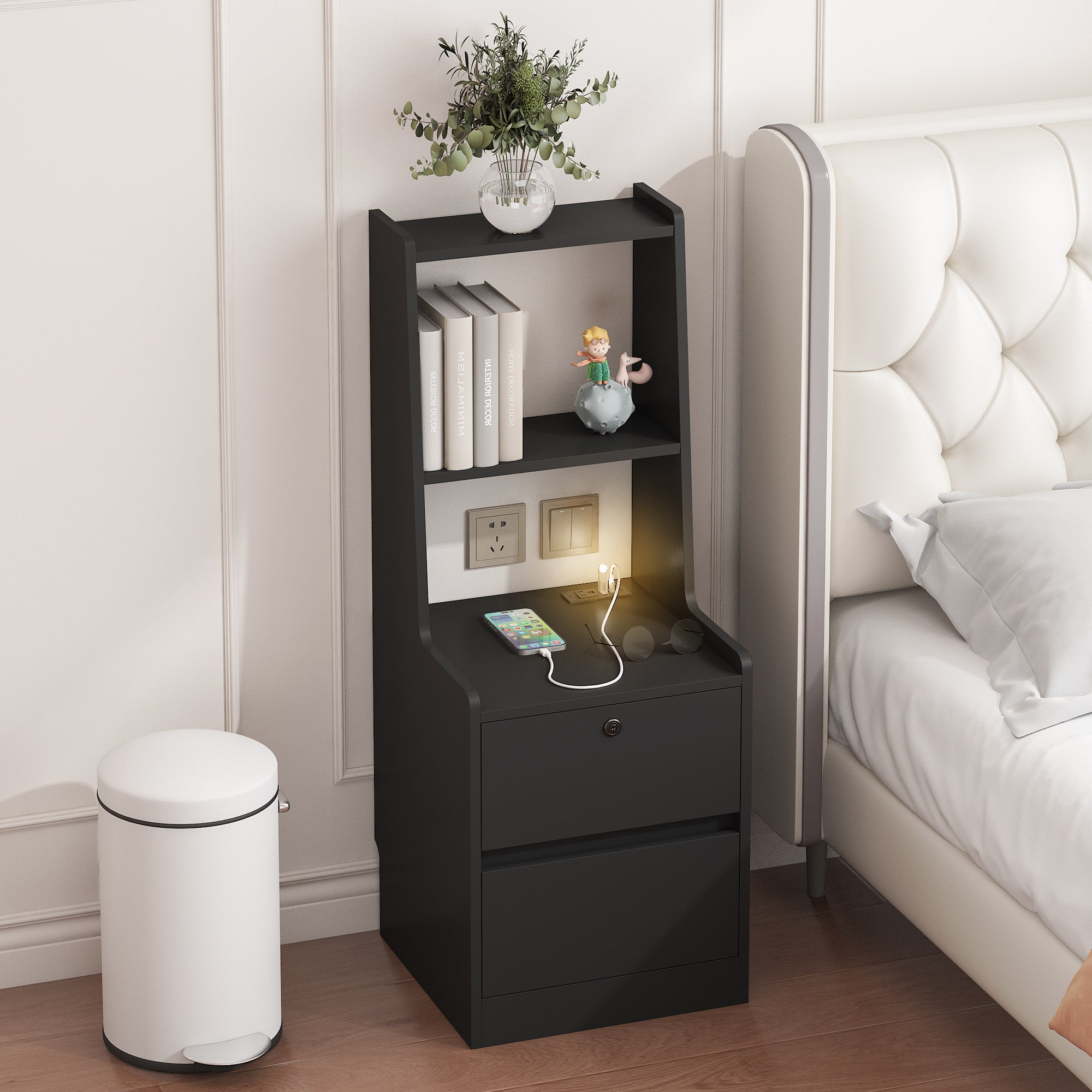 Metro Nightstand with Charging Station in Black Finish