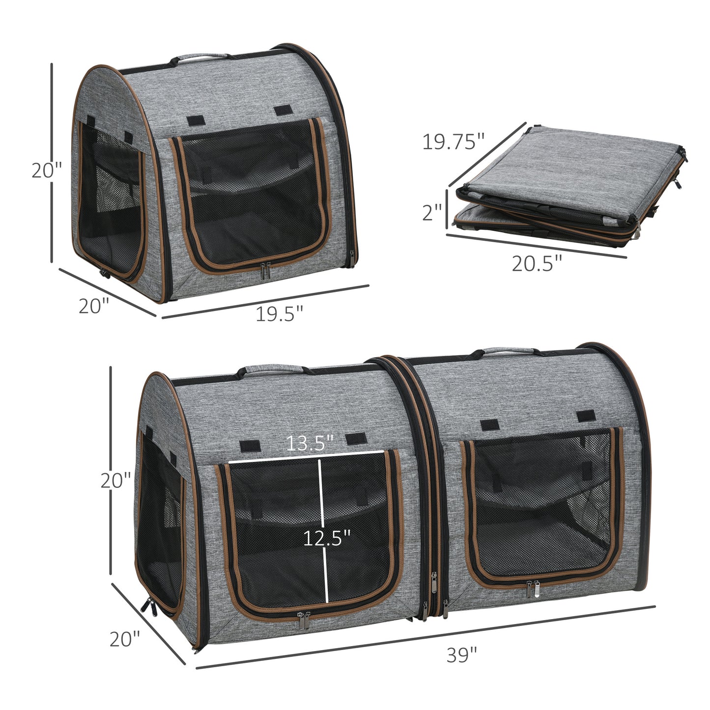 PawHut 39" Portable Soft-Sided Pet Cat Carrier with Divide in Grey