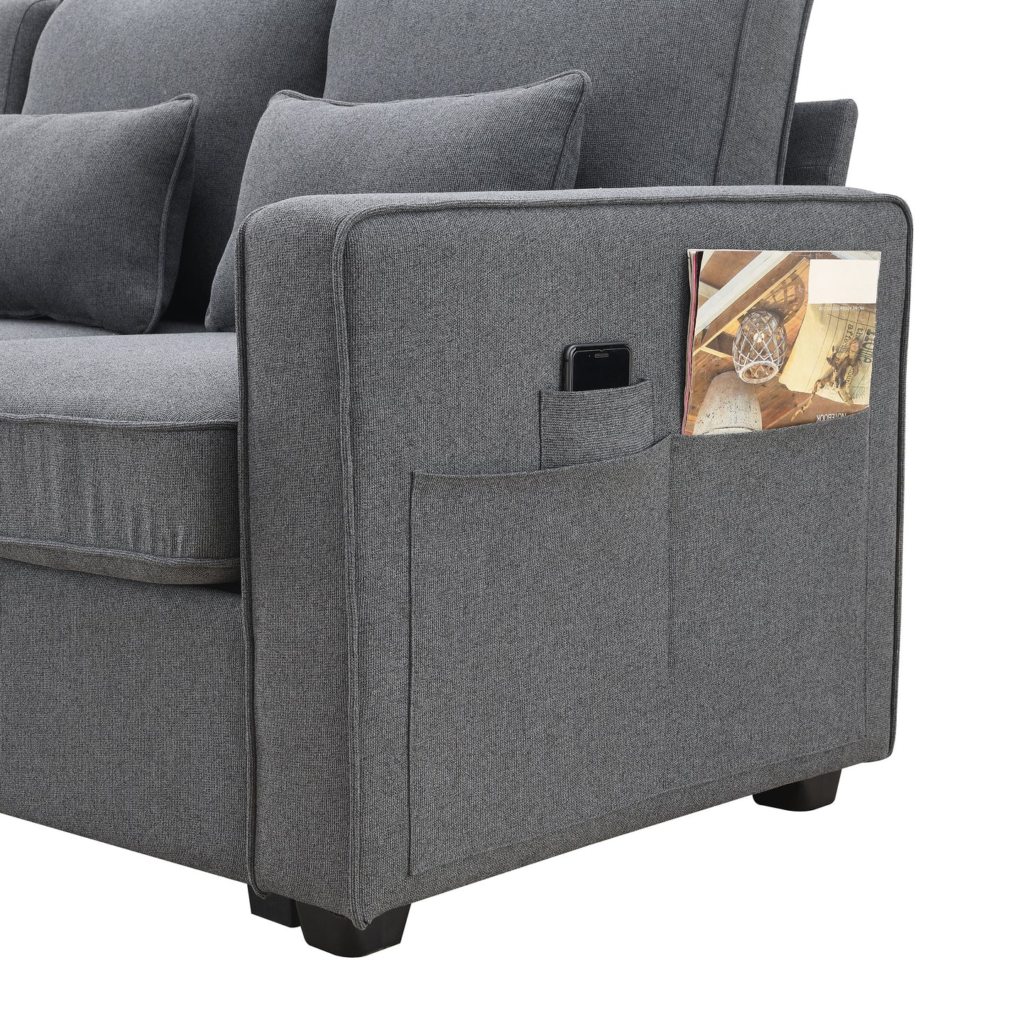 Monyanta Modern Linen Fabric Sofa with Armrest Pockets in Dark Grey