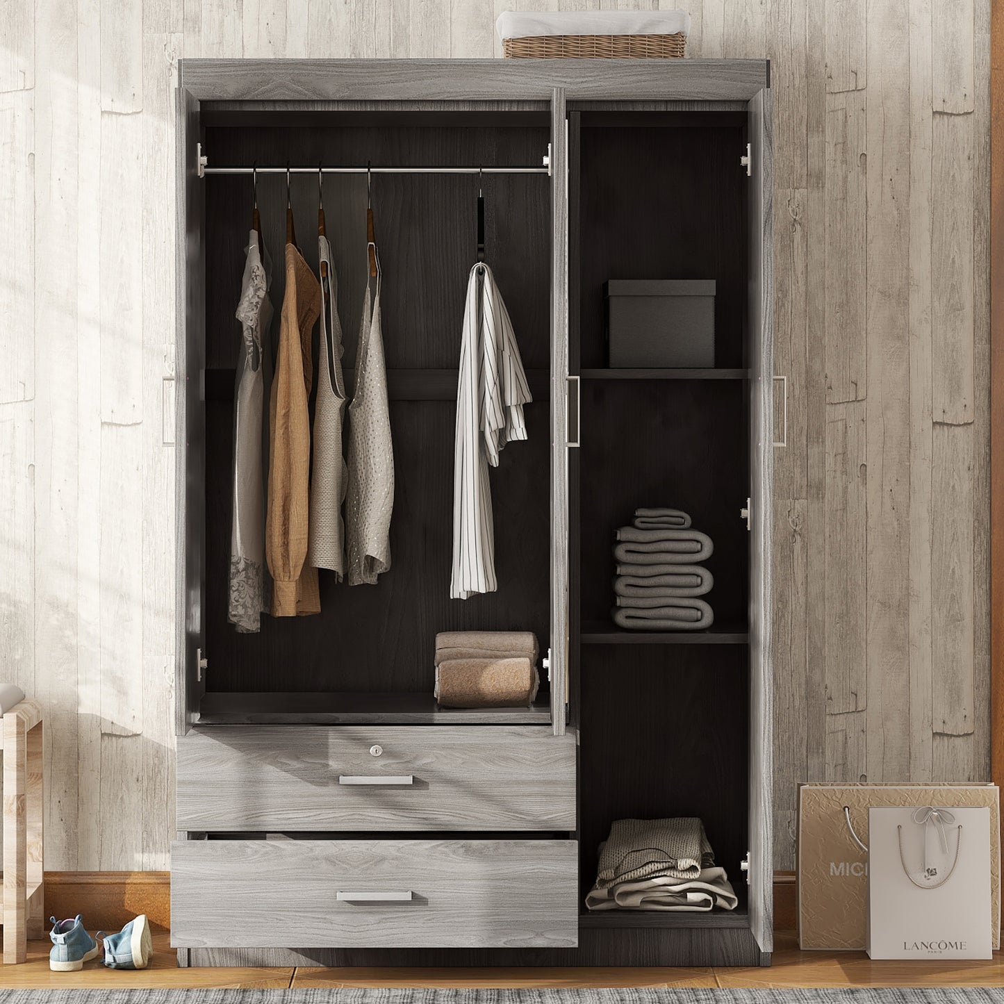 3-Door Mirror Wardrobe with (2) Drawers in Gray