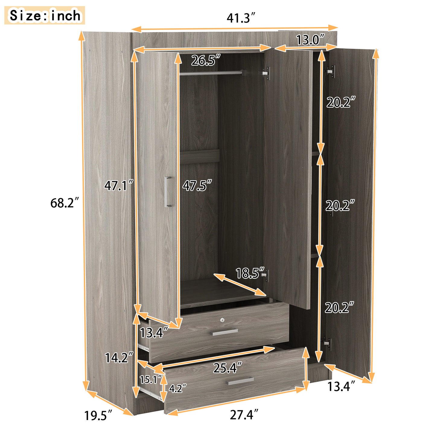 3-Door Mirror Wardrobe with (2) Drawers in Gray