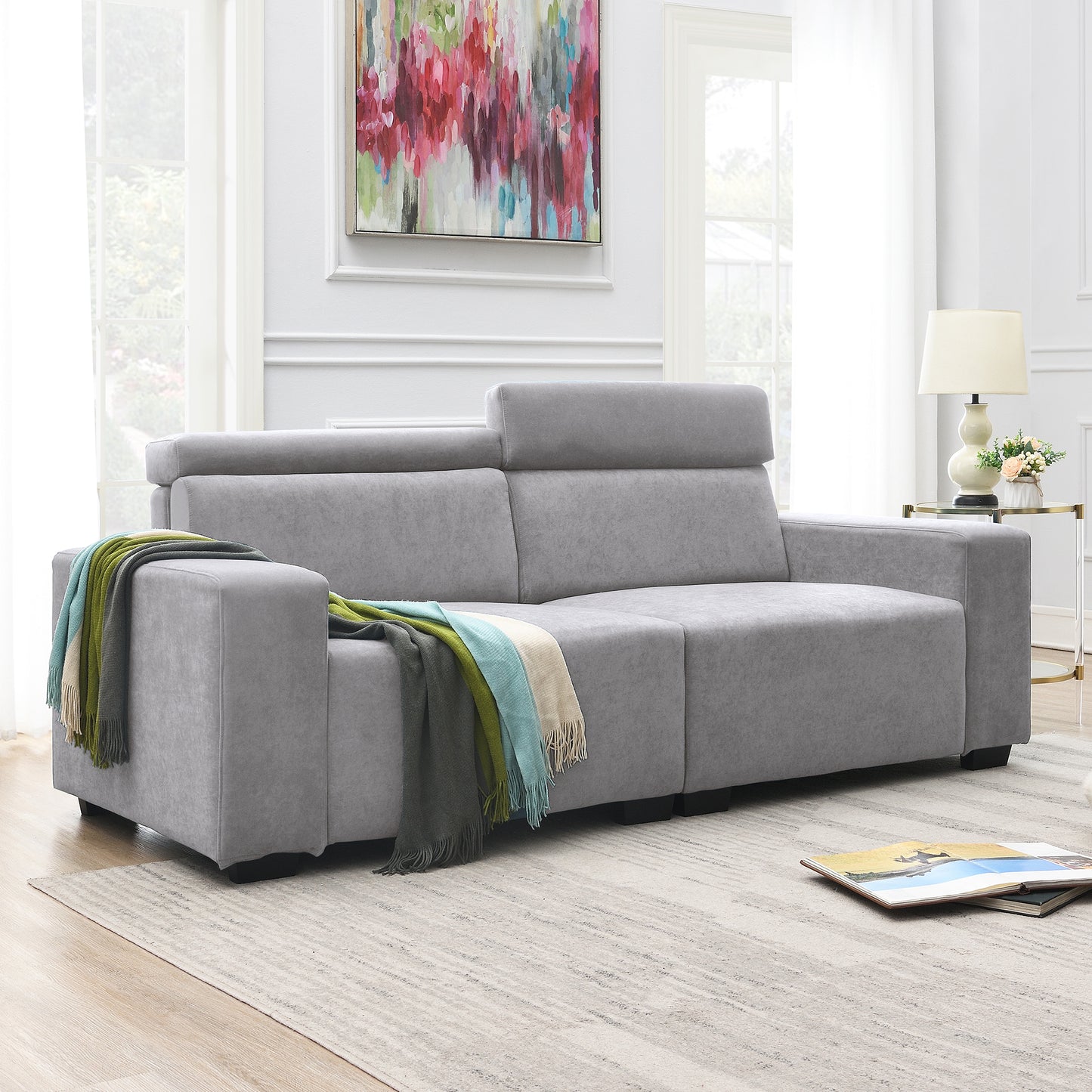 Doral Gray Sectional Sofa Couch w/ Multi-Angle Adjustable Headrest