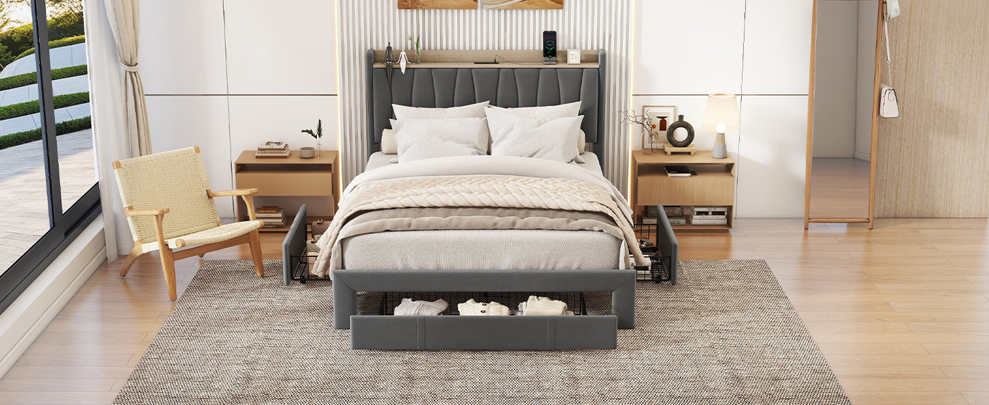 Brinxton Queen Size Bed Frame with Storage Headboard and Charging Station