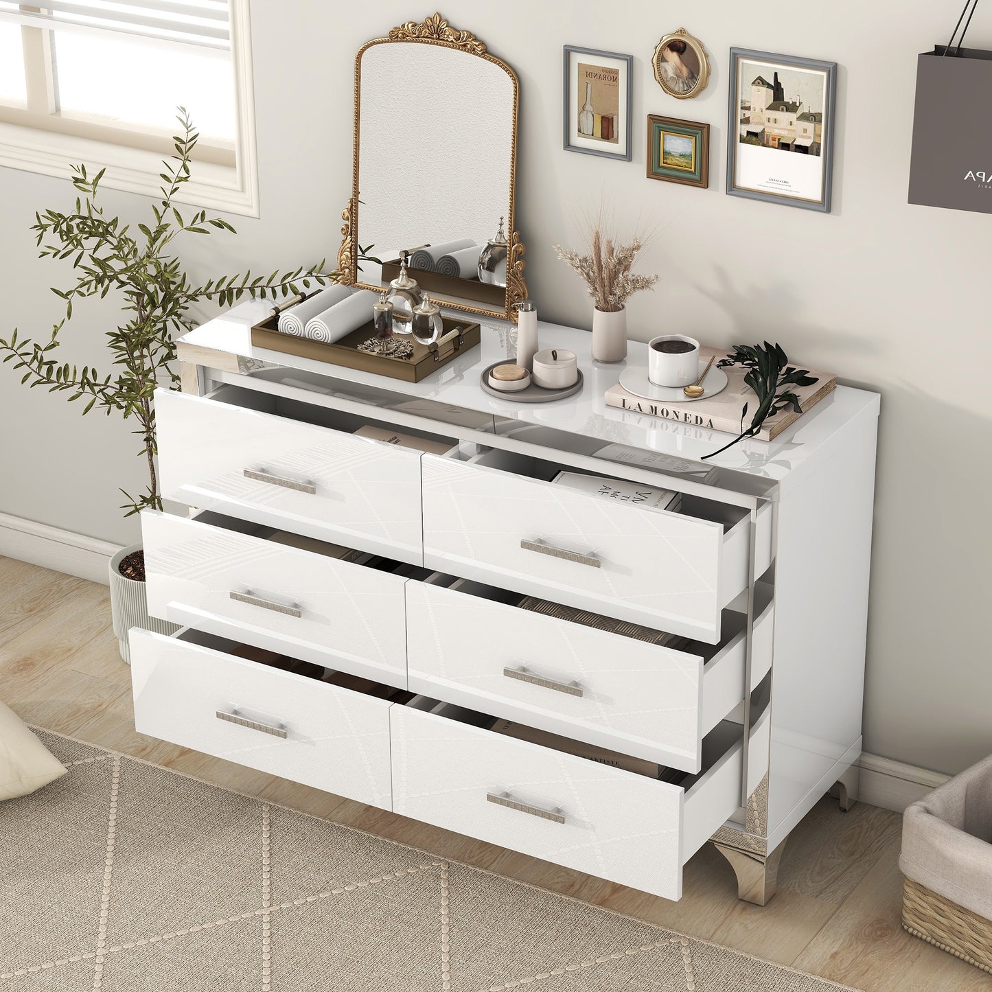 Elisa Elegant High Gloss Dresser with Metal Handles